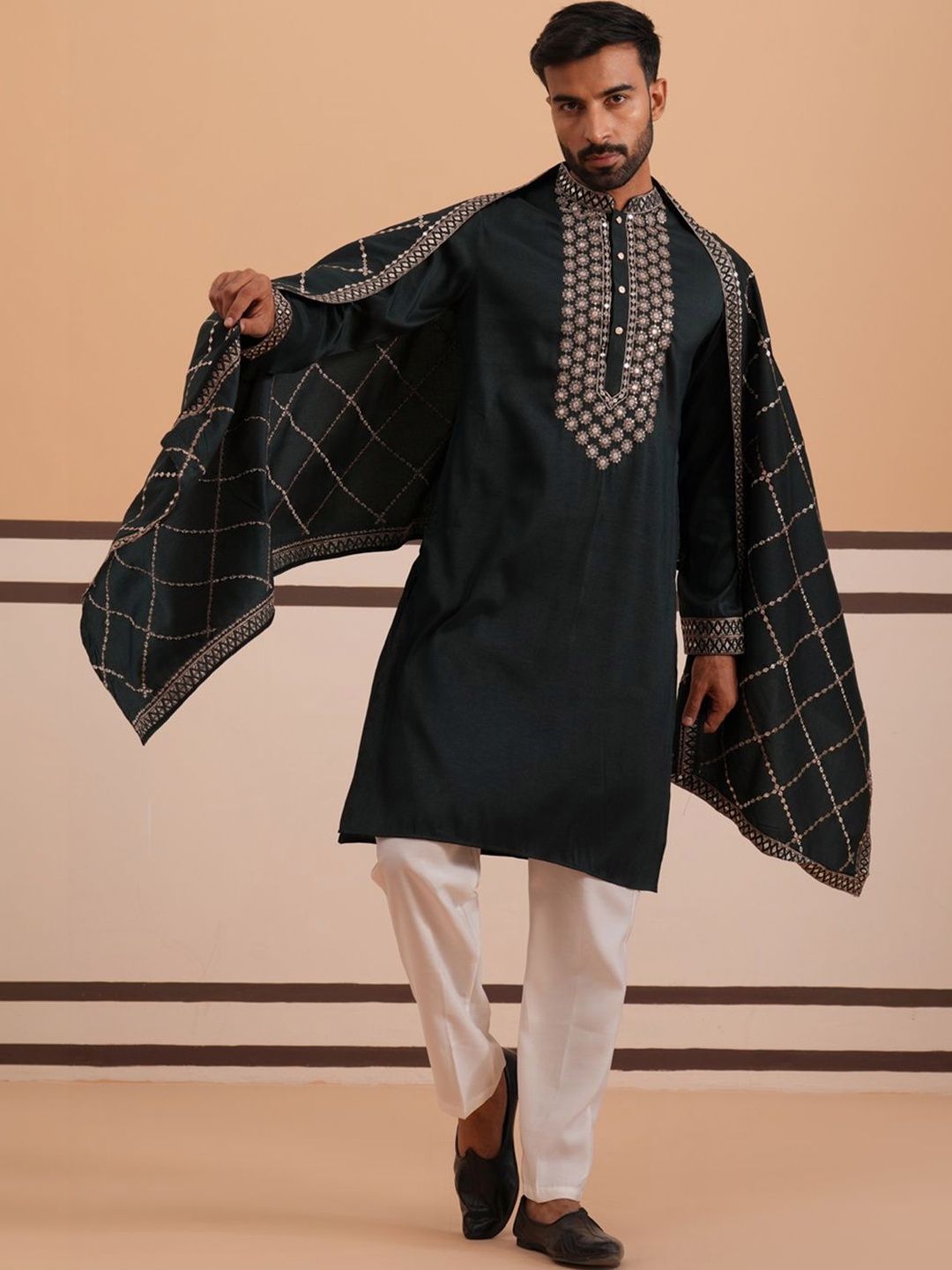 Jompers Men Ethnic Motifs Embroidered Regular Kurta with Pyjamas & With Dupatta-picture-40