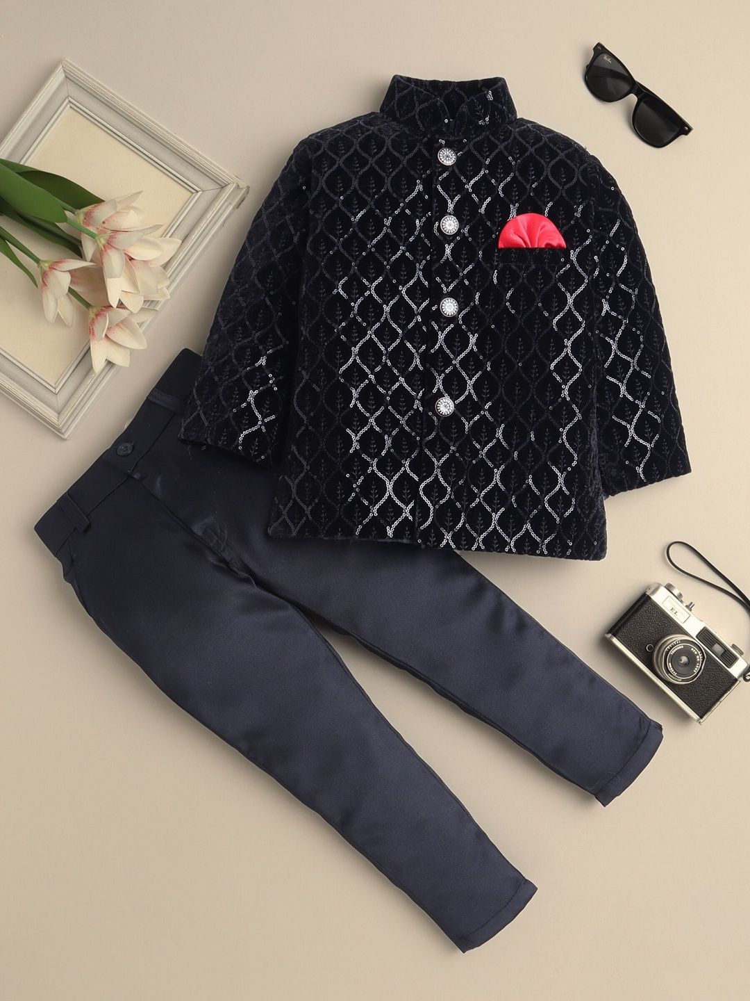 Sangria Boys Velvet Sequins Embellished Leaf Motifs Sherwani Set