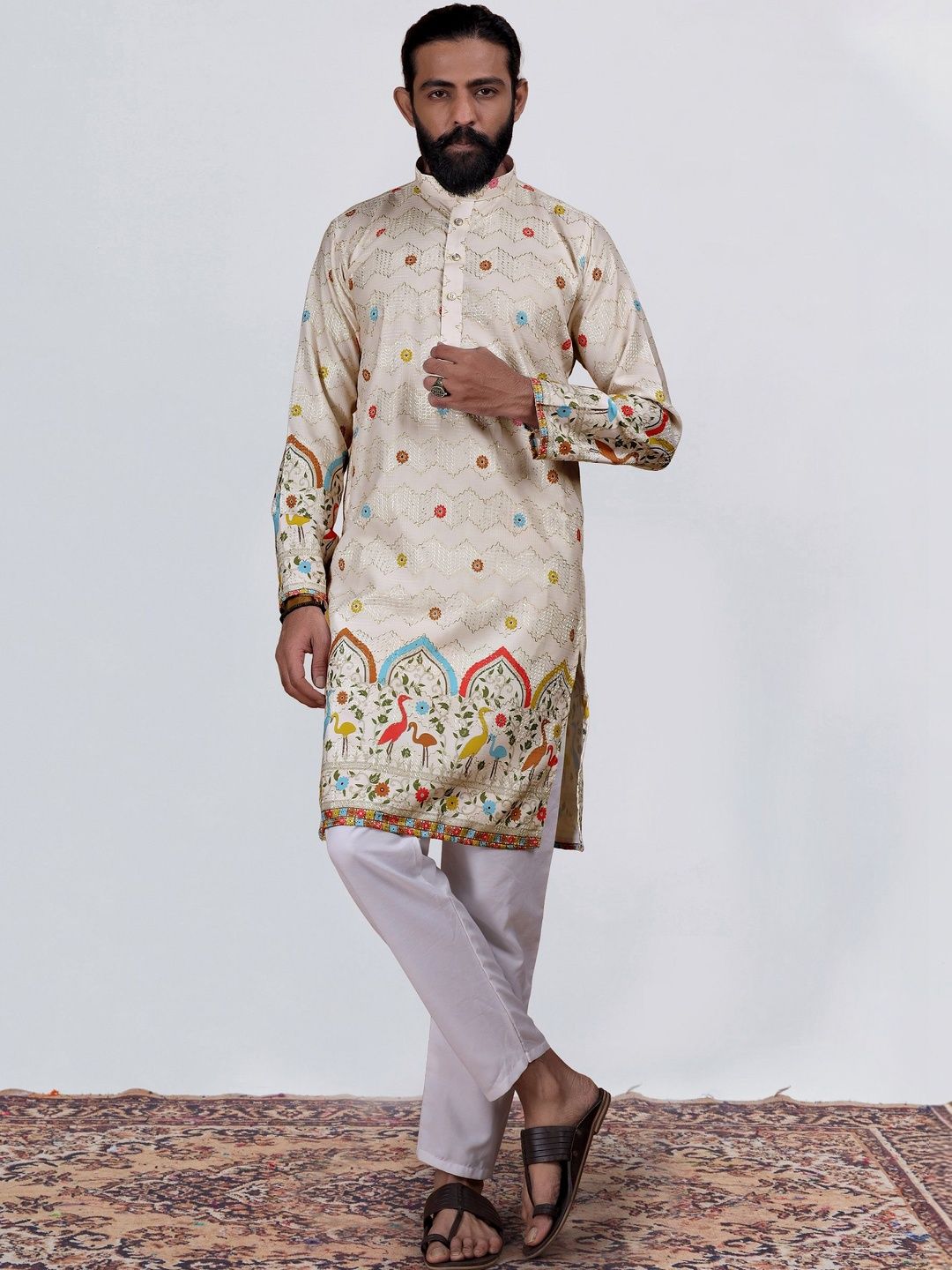 KURTA WALLAH Men Geometric Printed Thread Work Floral Kurta-picture-17