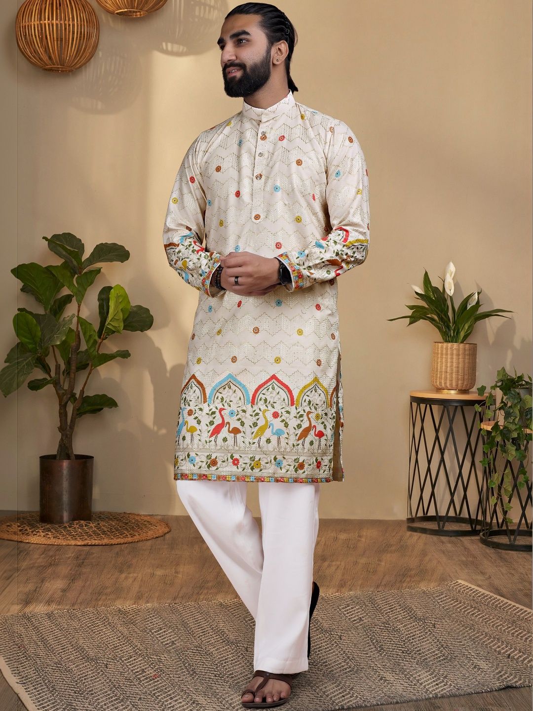 KURTA WALLAH Men Geometric Printed Thread Work Floral Kurta-picture-44