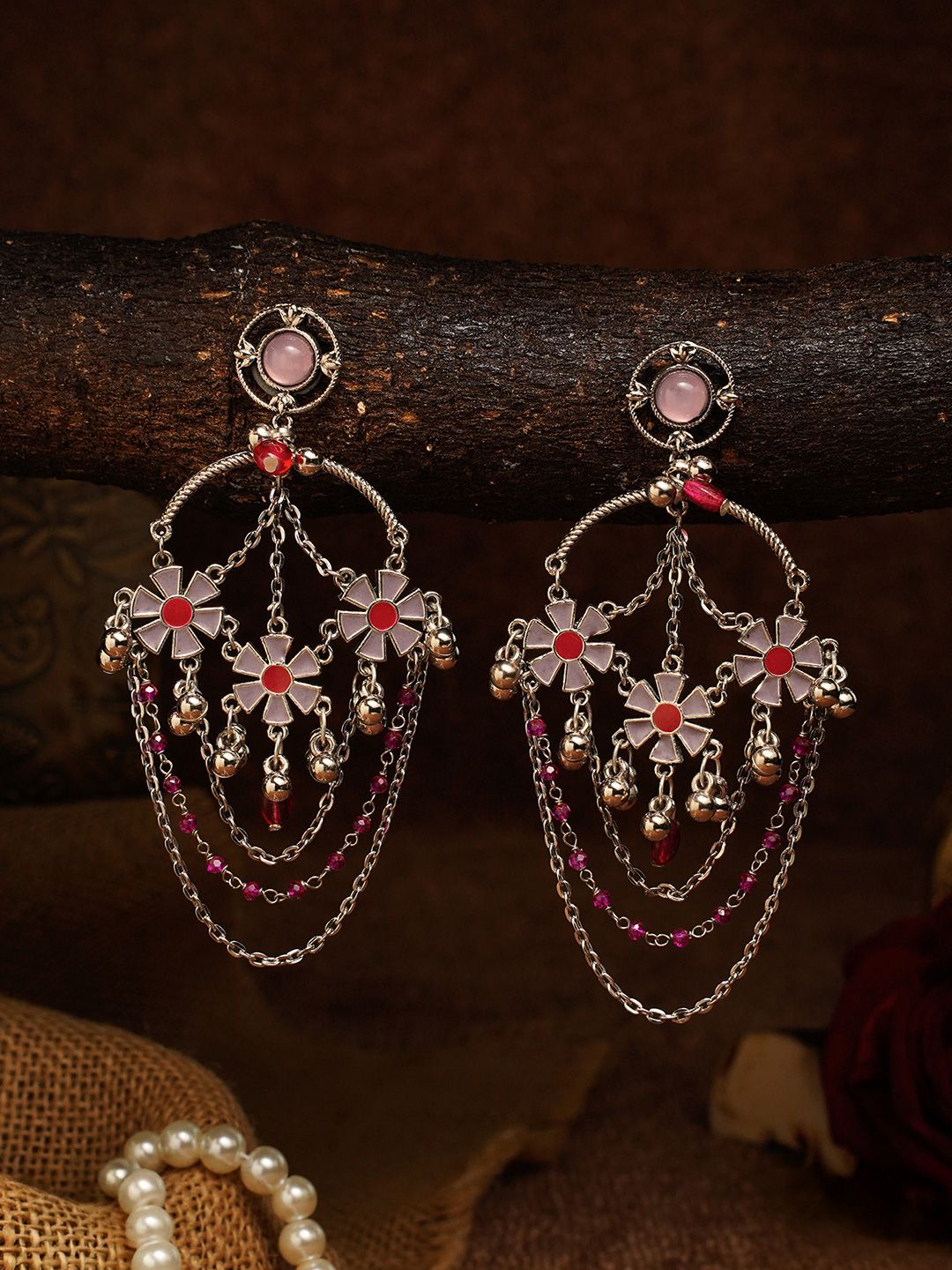 EVERSTYLISH Silver-Plated Artificial Stones Studded & Beaded Oxidised Floral Drop Earrings-picture-37
