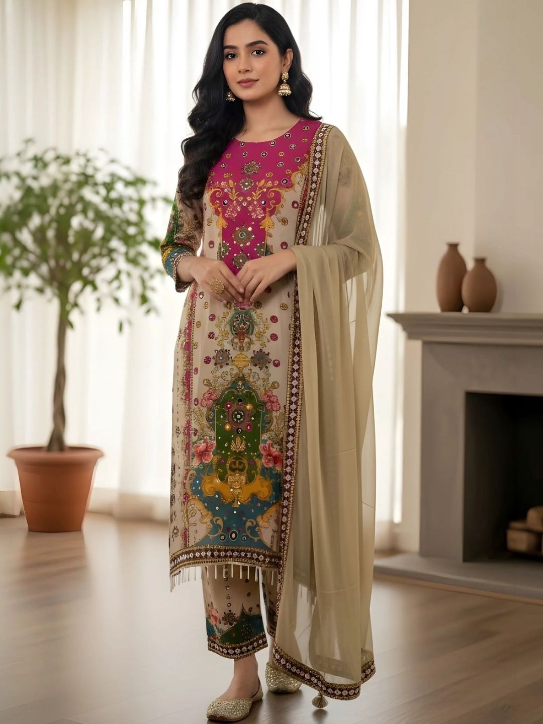 BAESD Women Ethnic Motifs Printed Regular Mirror Work Kurta with Trousers & With Dupatta-picture-21