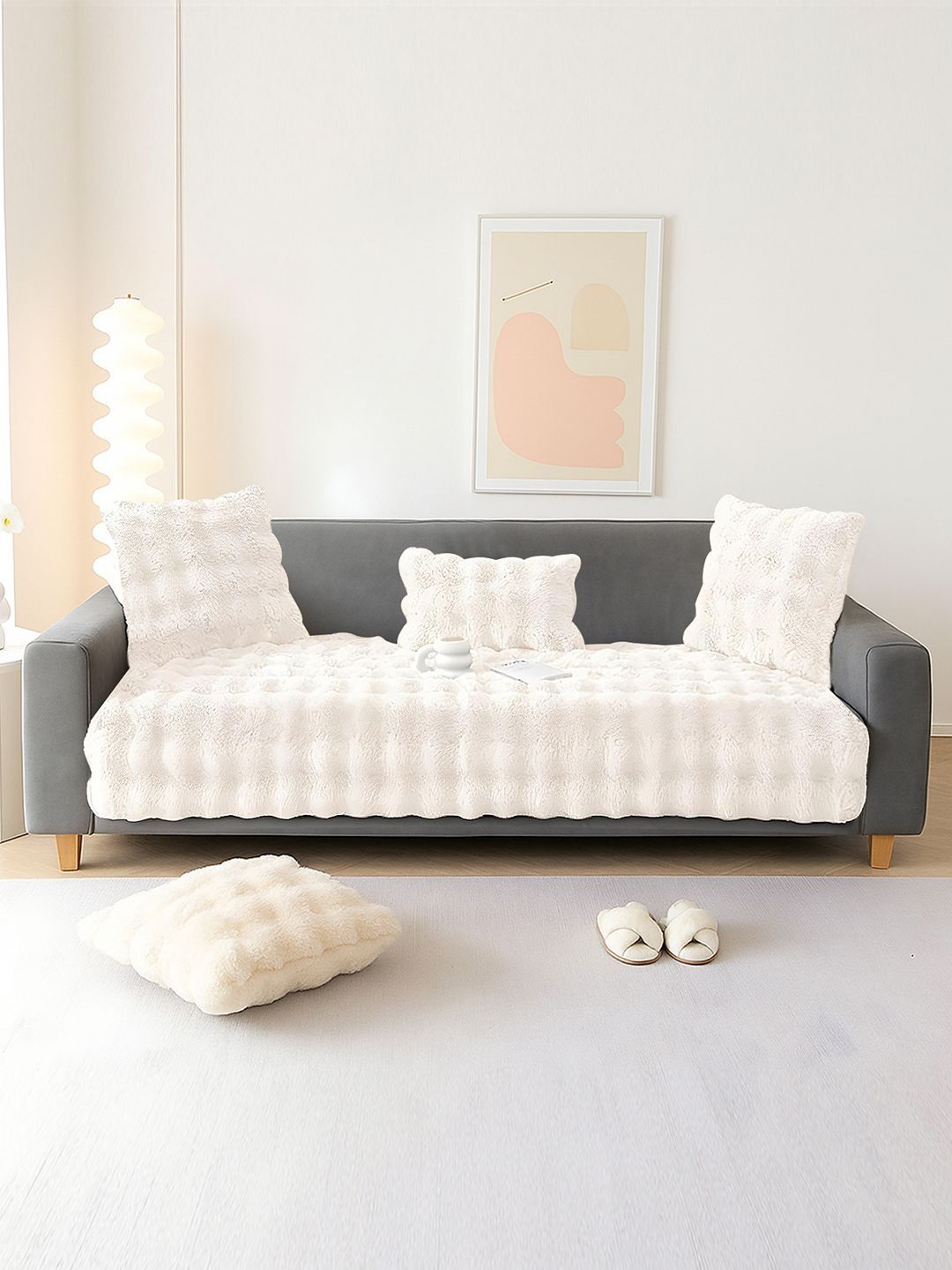 DREAM CARE Cream-Coloured & Off White 1 Piece Sofa Cover-image-17