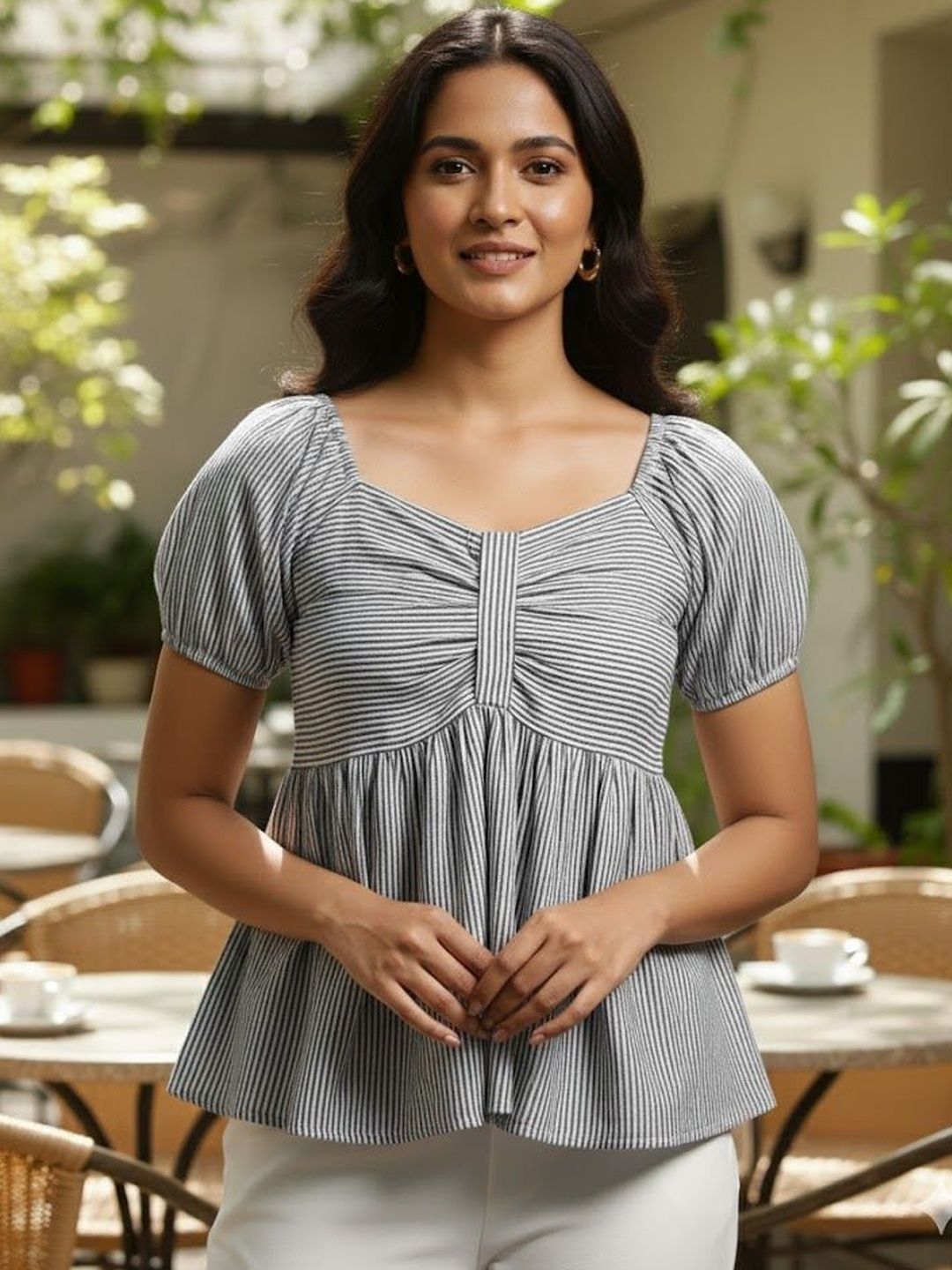 Swaggish Striped Puff Sleeve Cotton Peplum Top-picture-33