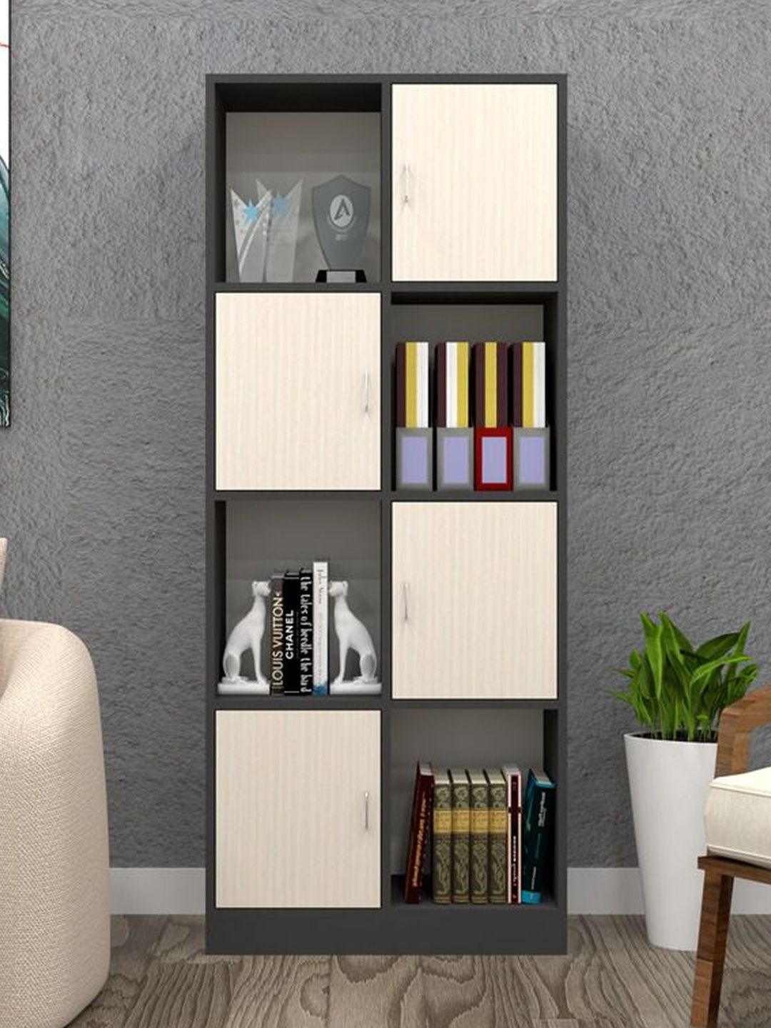 SPECIALITY PANELS Grey & Beige Semi-Open Matrix Bookshelf Cabinet