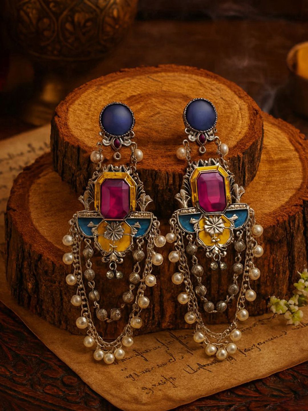 EVERSTYLISH Silver-Plated Stones Studded & Beaded Oxidised Contemporary Drop Earrings-picture-23