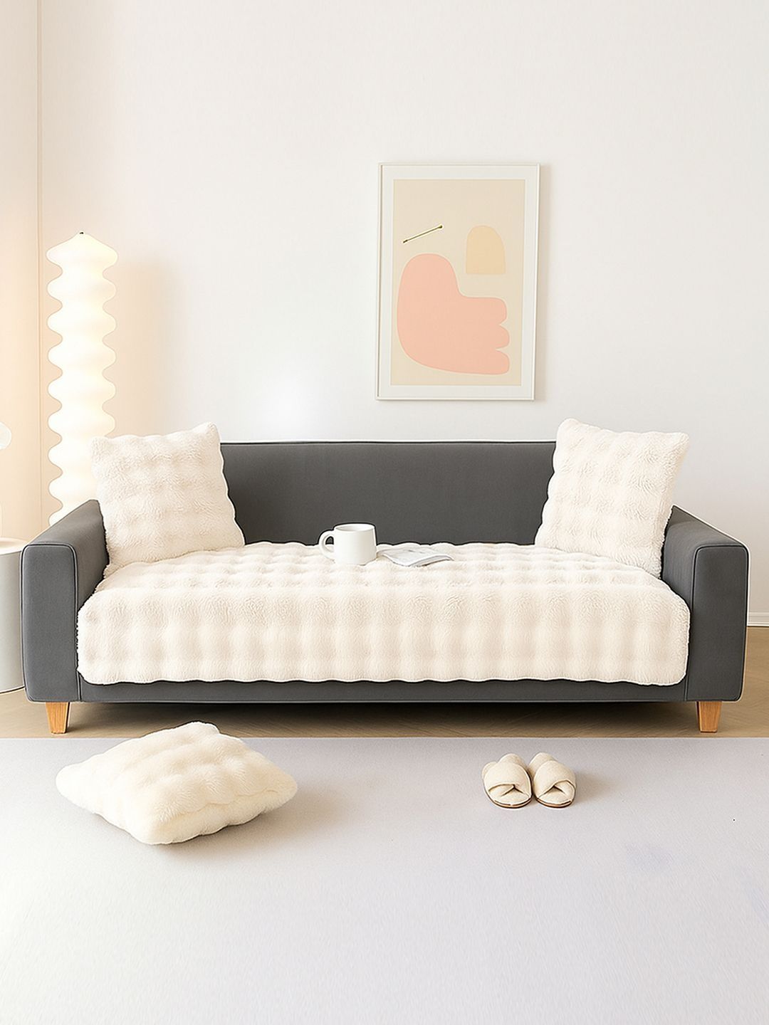 DREAM CARE Cream-Coloured & Cream-Coloured 1 Piece Sofa Cover-image-12