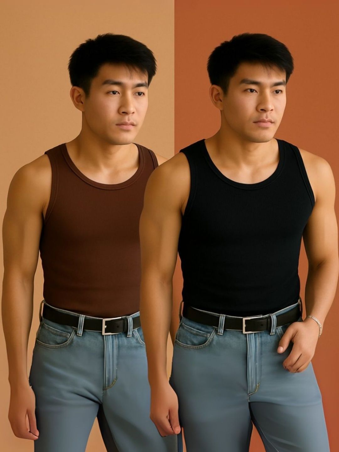 ROCKWELL Pack Of 2 Ribbed Cotton Breathable Innerwear Gym Vests-picture-15