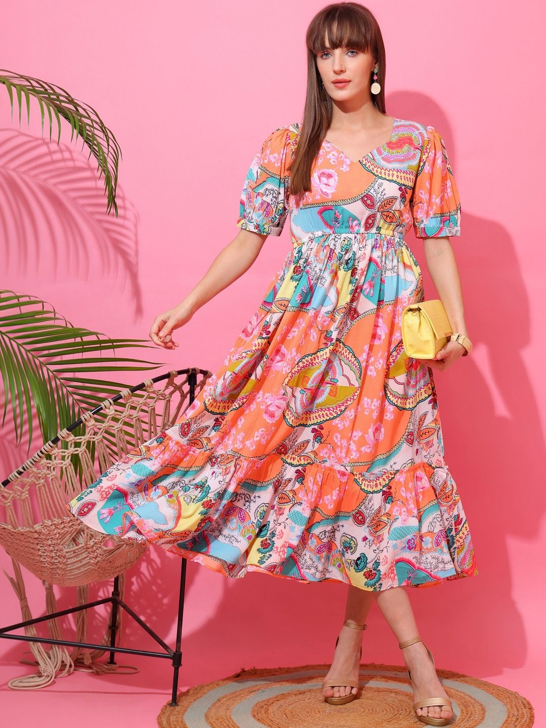 De La Moda Bohemian Print Puff Sleeve Crepe Fit & Flare Midi Dress-picture-45