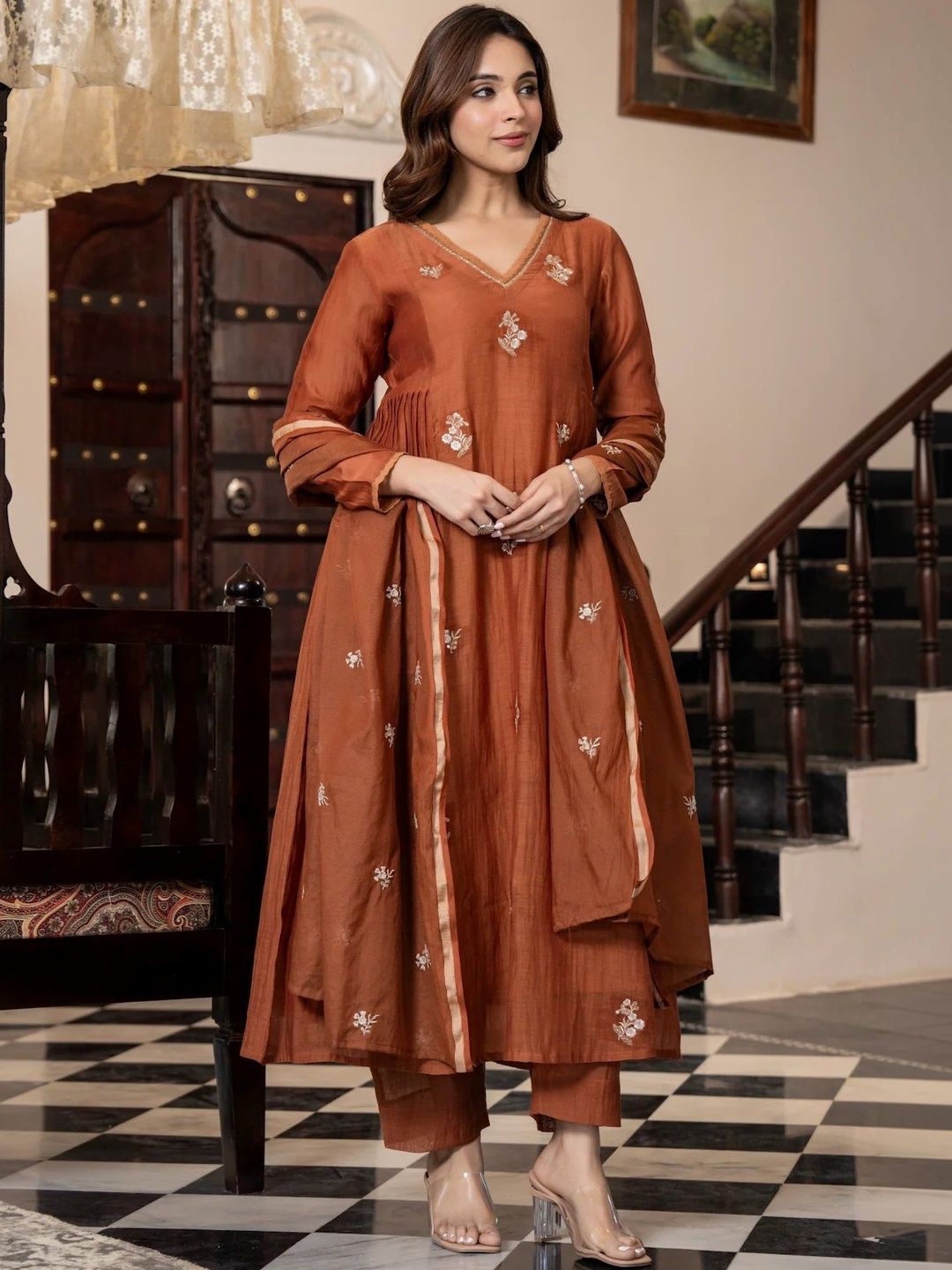 KALINI Women Ethnic Motifs Embroidered Panelled Thread Work Pure Cotton Kurta with Trousers & With Dupatta-picture-37