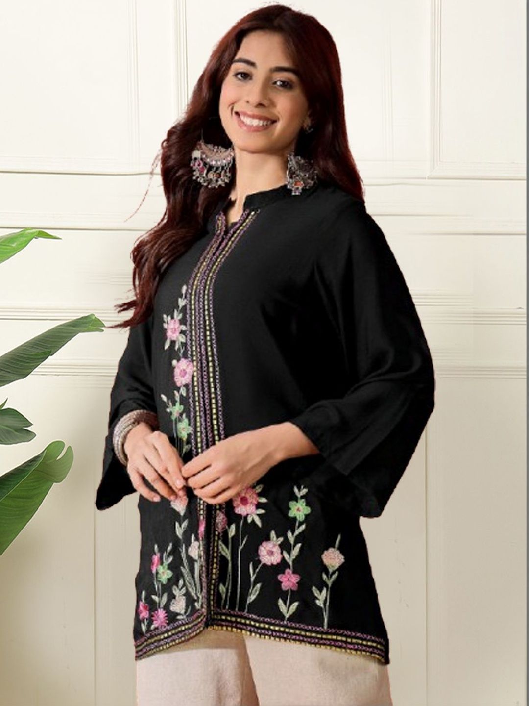 MS.MATWALI Floral Embroidered Pure Crepe Kurti-picture-35