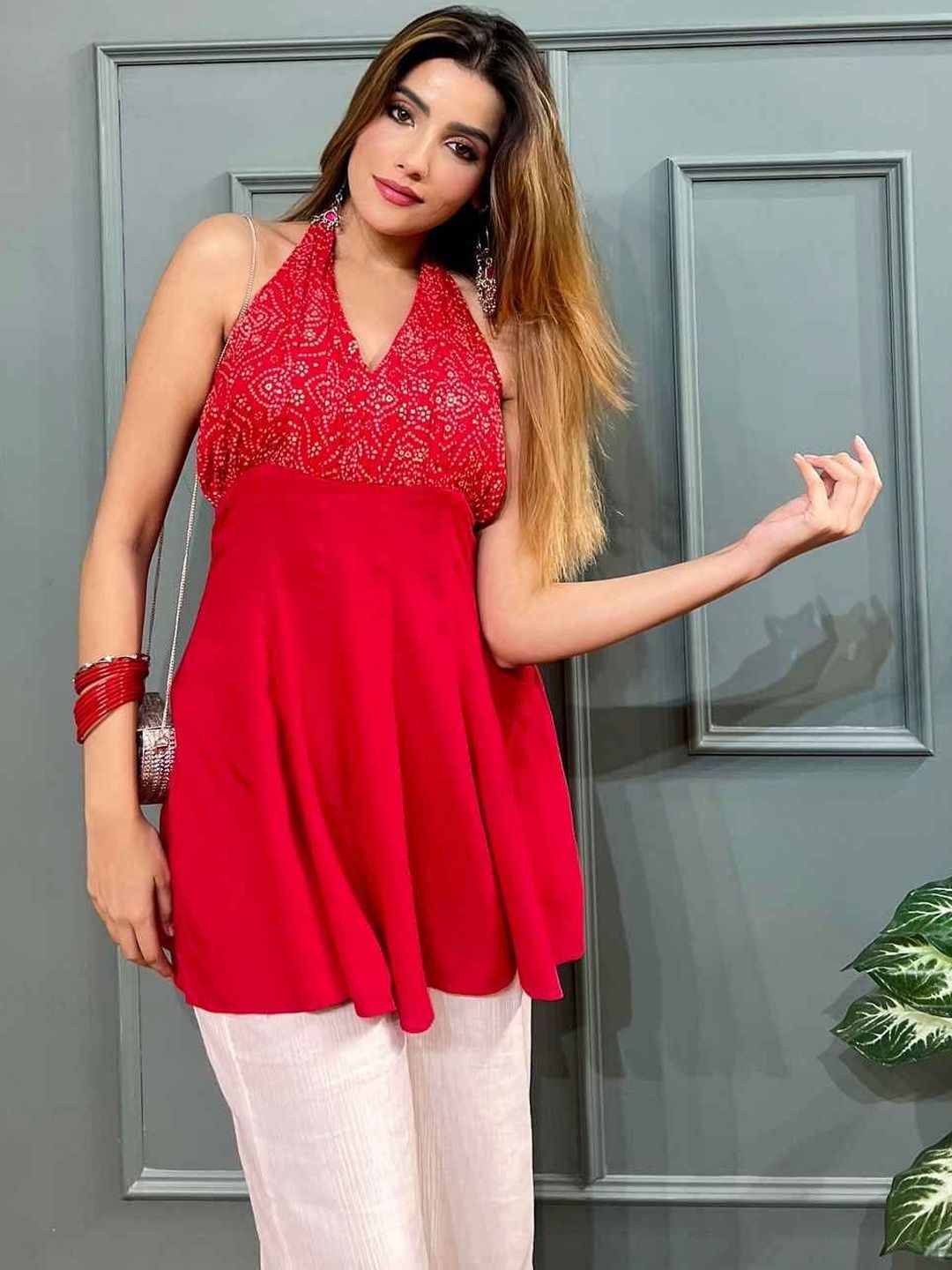 LABEL ADITI HUNDIA Bandhani Printed Halter Neck Kurti-image-25