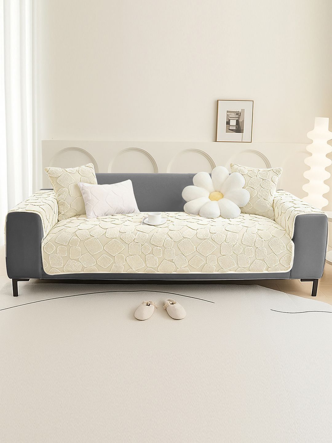 DREAM CARE Cream-Coloured & Cream-Coloured 3 Piece Sofa Cover With Arms