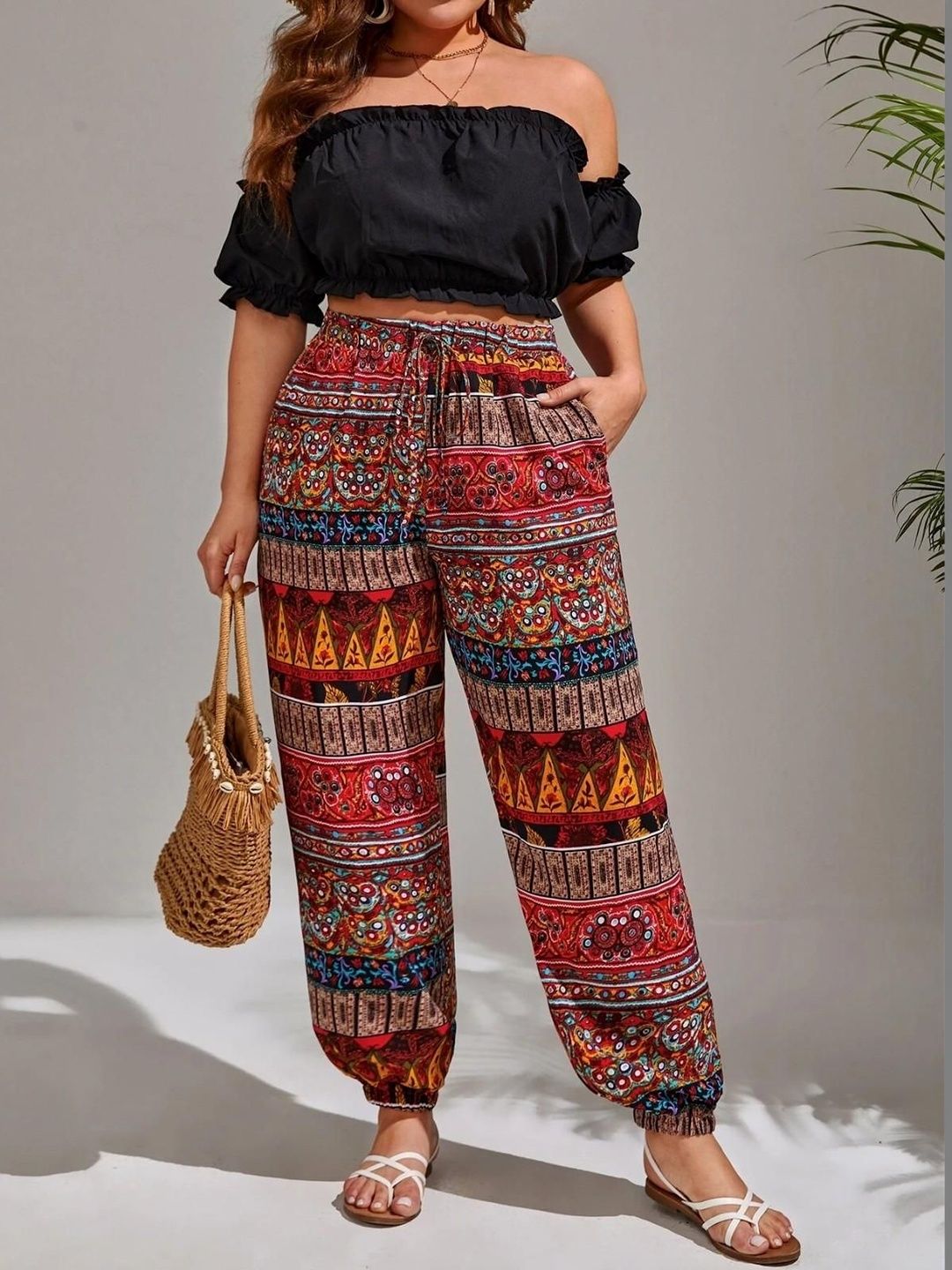 SZN Women Ethnic Motifs Printed High-Rise Easy Wash Trousers