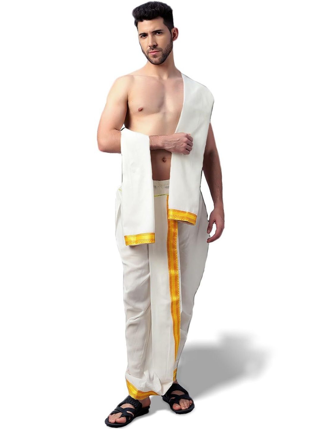 Spewim Men White Cotton Dhotis With Dupatta-image-41