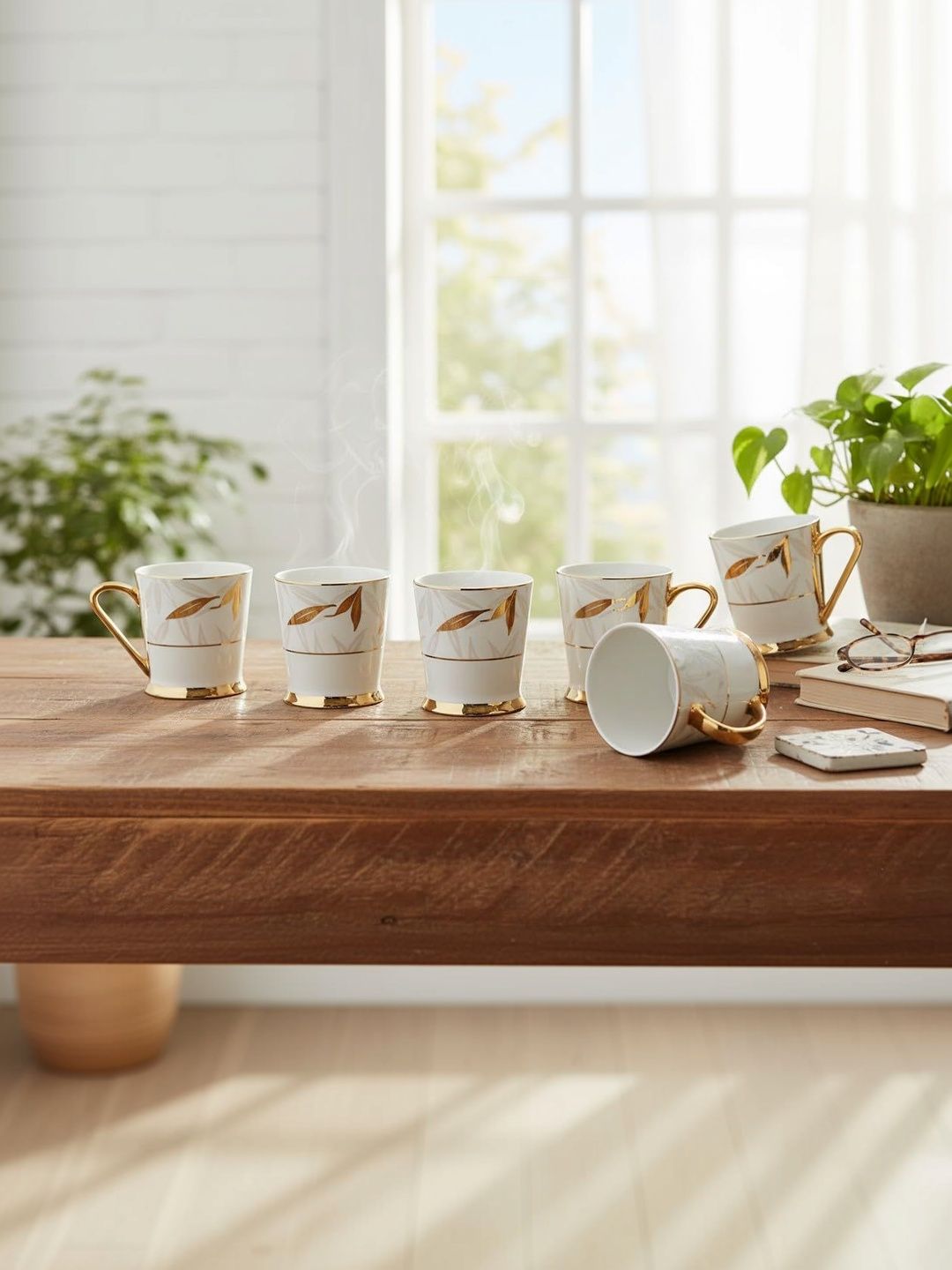 Femora Gold-Toned Natural Elements Leaf Ceramic Glossy Mugs Set of Cups and Mugs-image-26