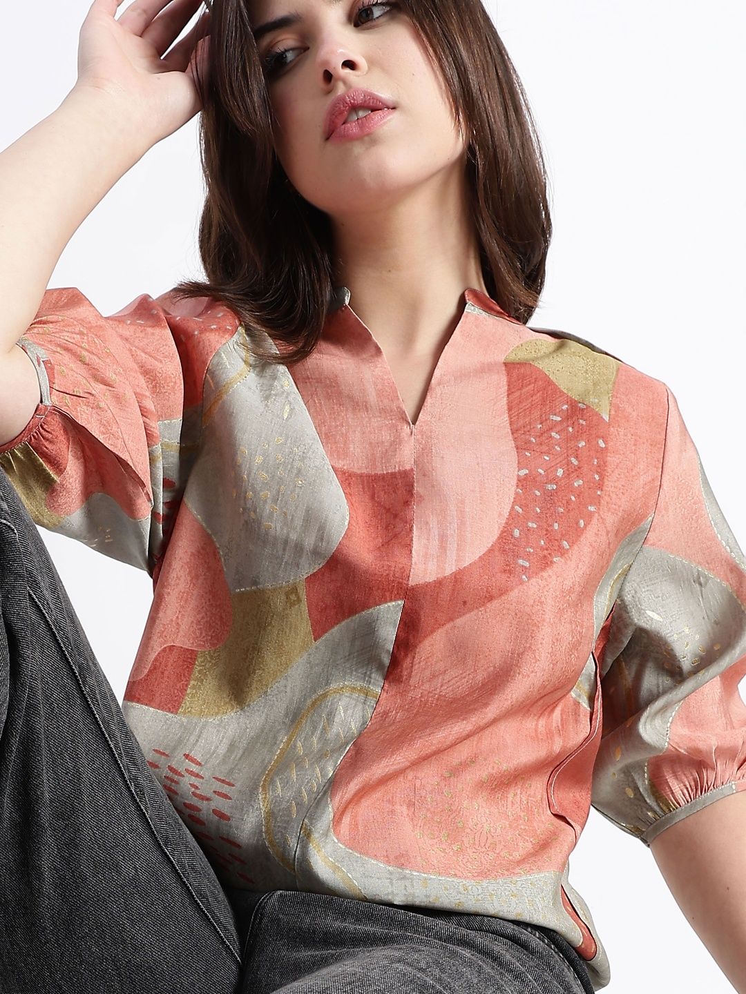 HERE&NOW Print Mandarin Collar Puff Sleeve Top-picture-29
