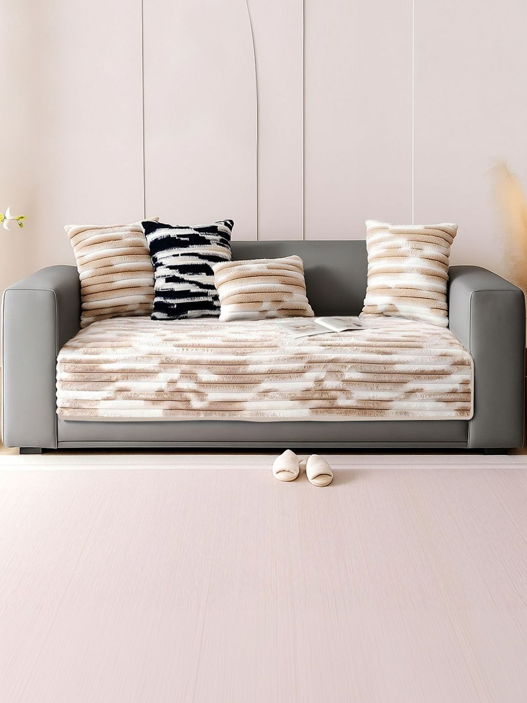 DREAM CARE Grey & Beige Printed 1 Piece Sofa Cover-image-23