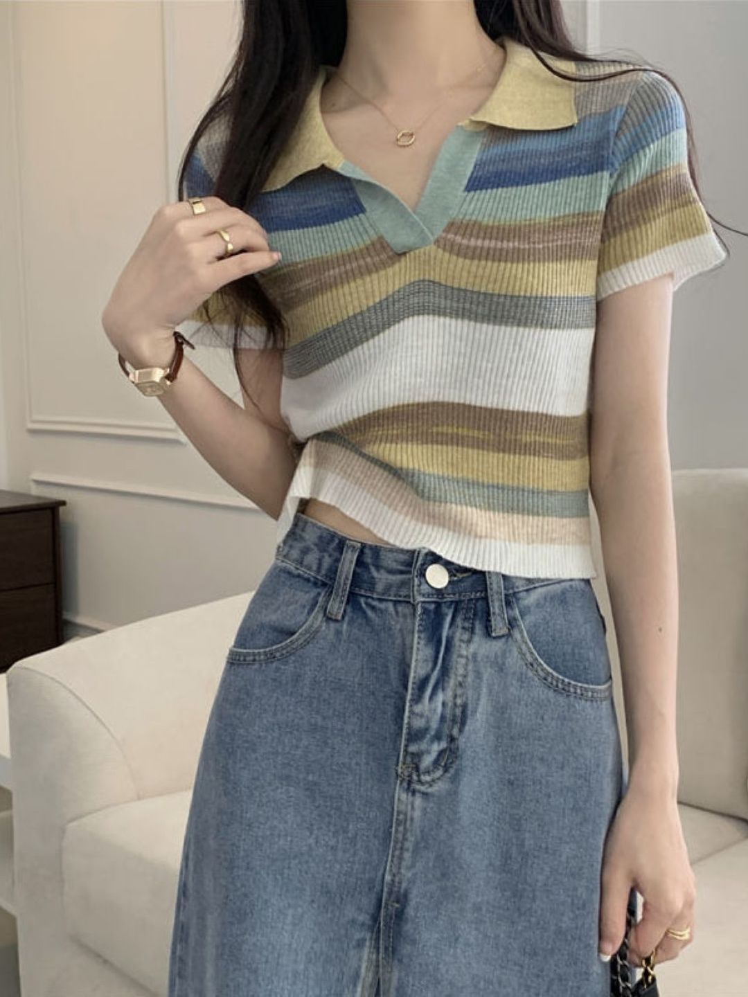 StyleCast Women Striped Polo Collar T-shirt-picture-24