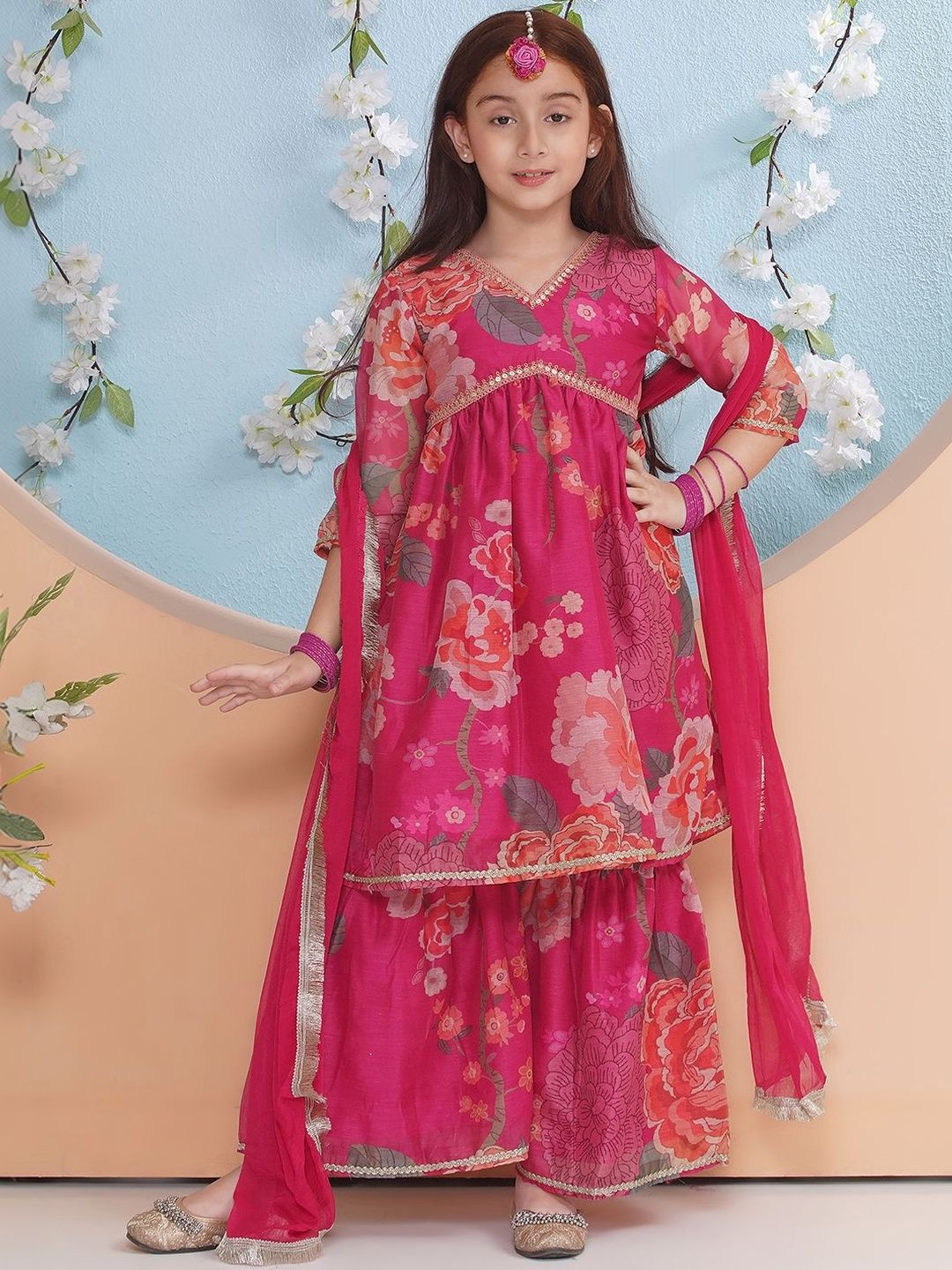 BAESD Girls Floral Printed Empire Pure Silk Kurta with Sharara & With Dupatta