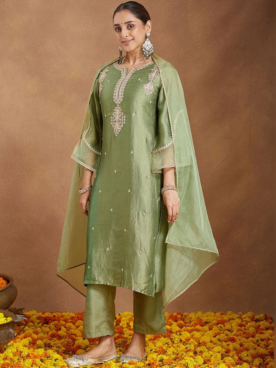 Janasya Women Ethnic Motifs Embroidered Regular Kurta with Trousers & With Dupatta-picture-44