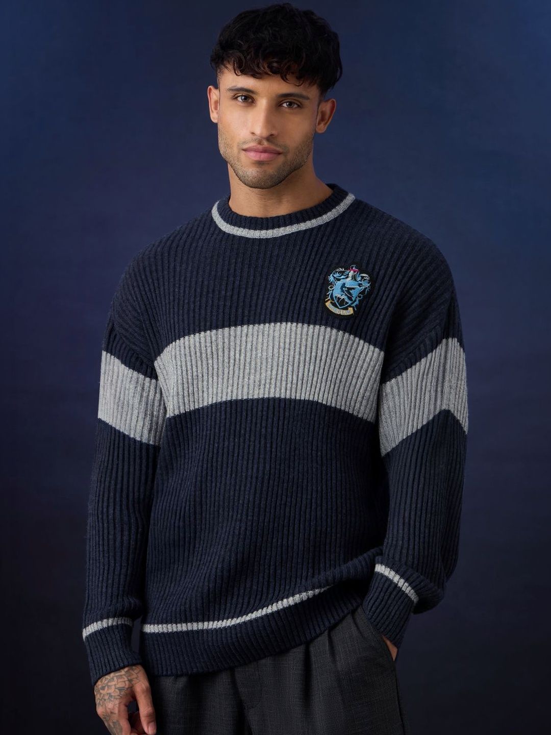 The Souled Store Men Colourblocked Ribbed Pullover with Applique Detail-picture-25
