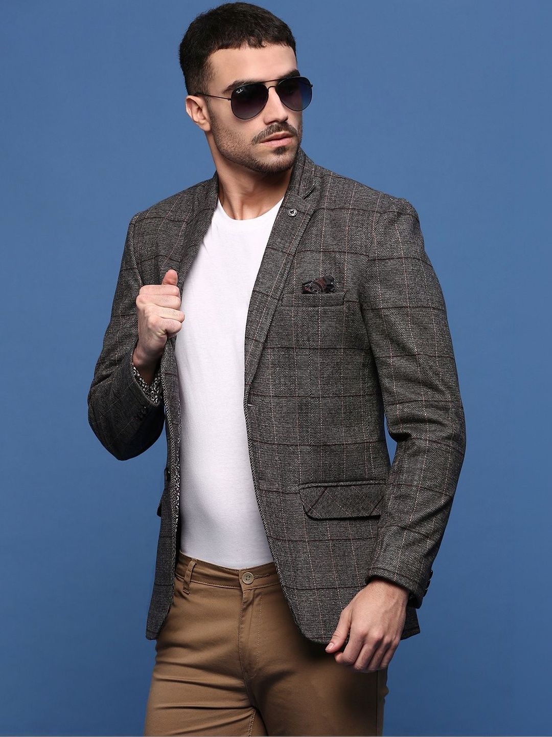 SHOWOFFFF Checked Slim Fit Notched Lapel Collar Single-Breasted Blazer-picture-12