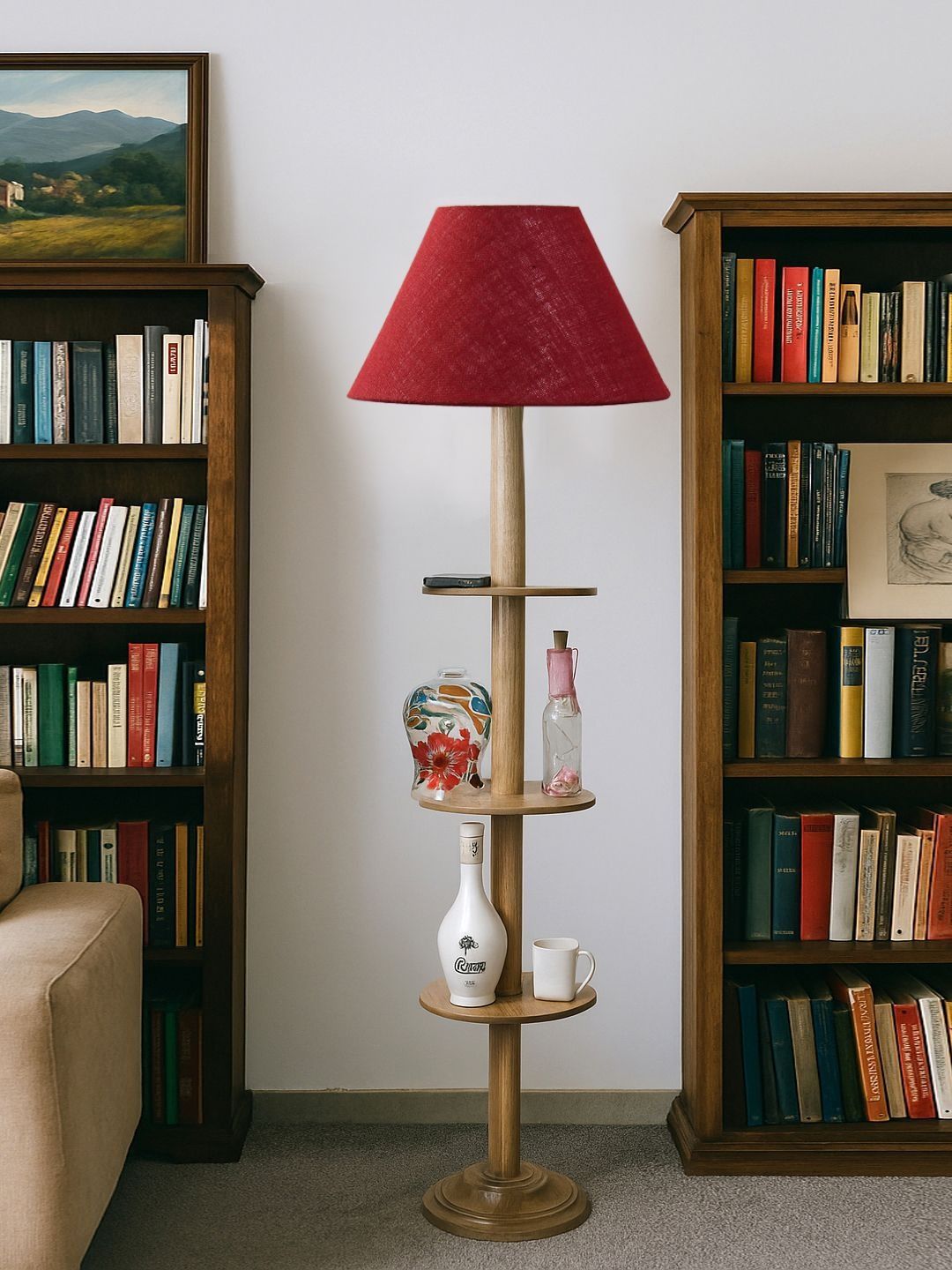 Aura Maroon & Beige Wooden Frustum-Shaped Floor Lamp-image-26