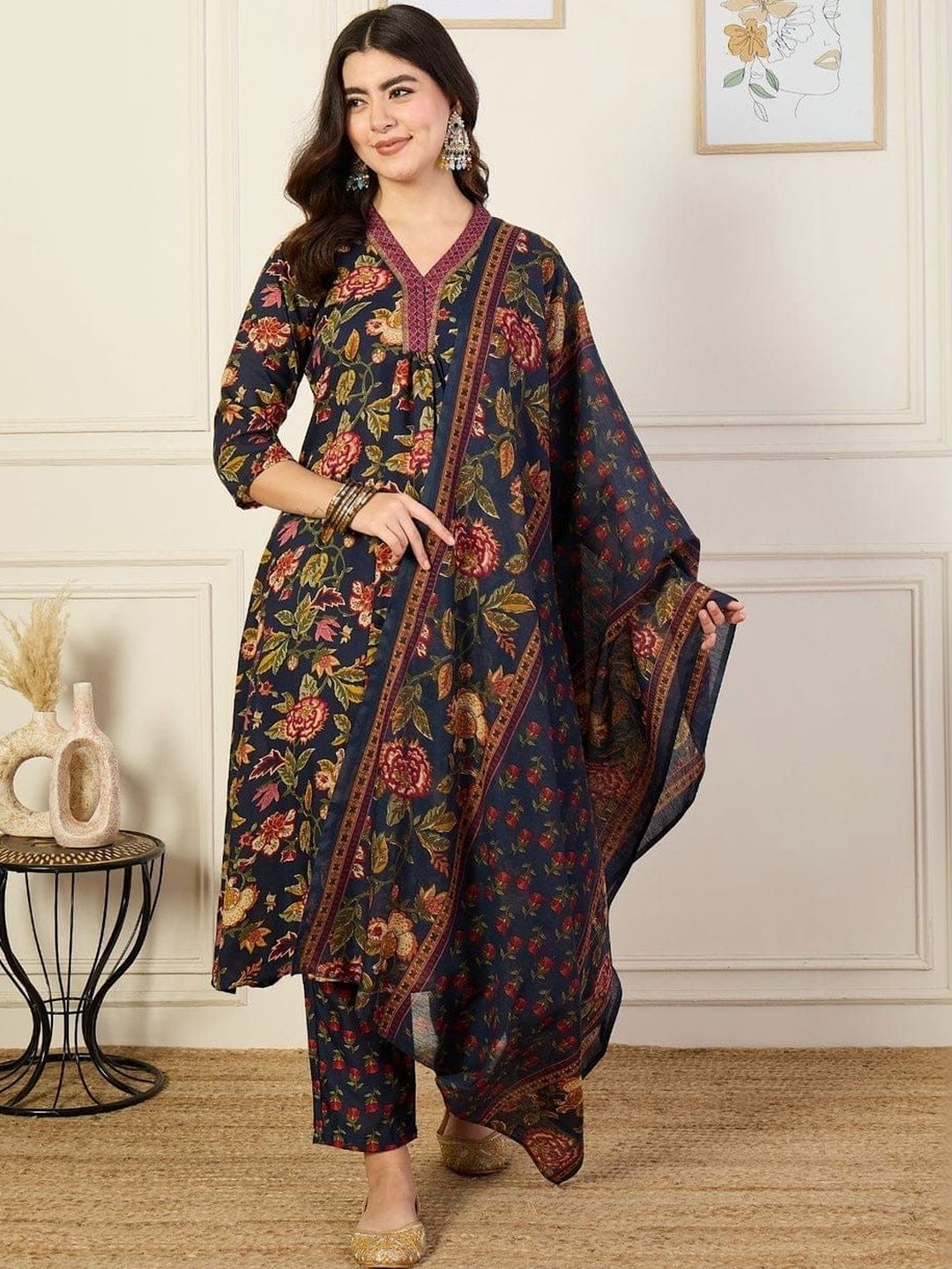 Ethnic 3 You Women Floral Printed Regular Pure Cotton Kurta with Trousers & With Dupatta-picture-13
