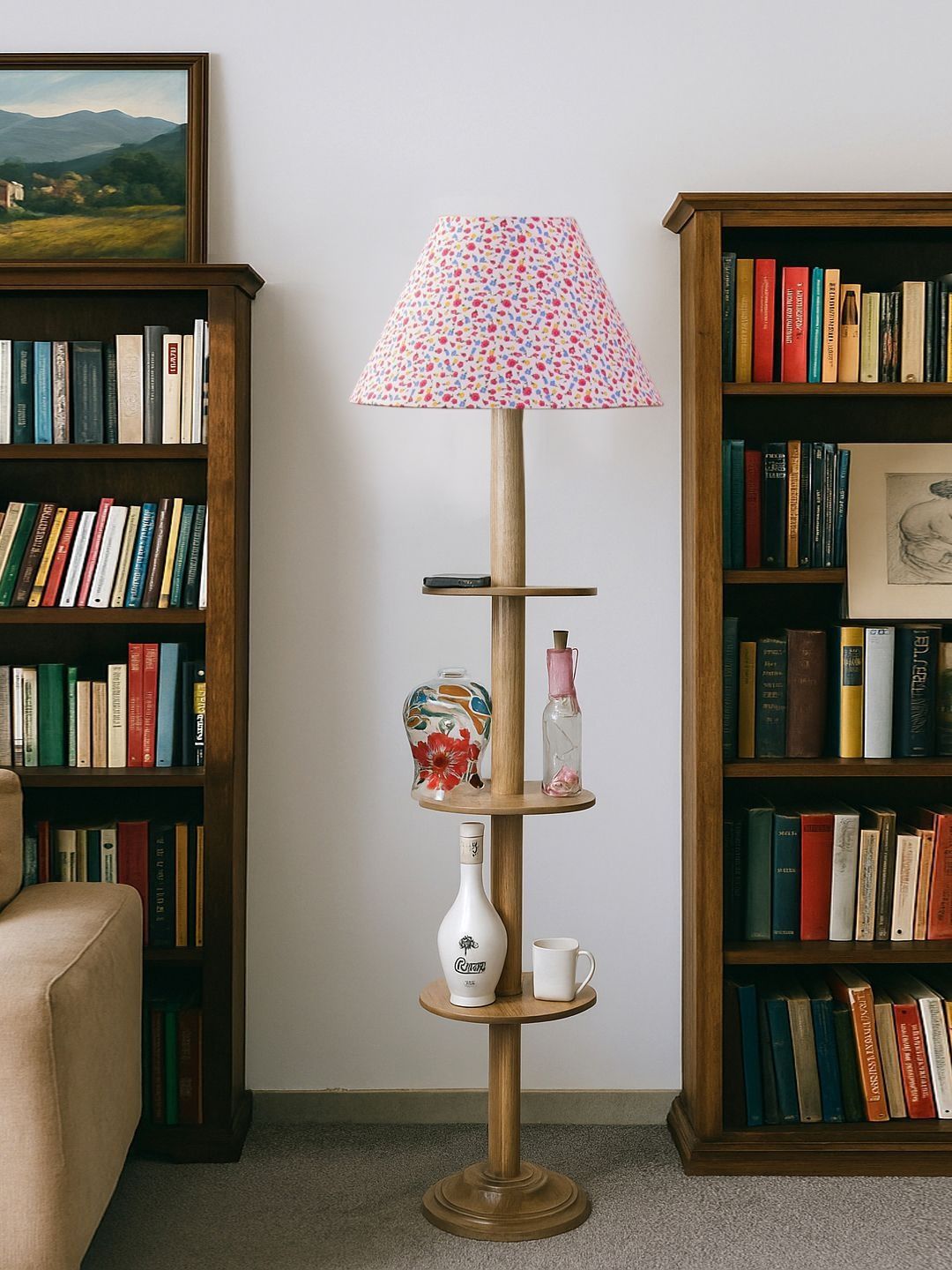 Aura White & Pink Printed Wooden Frustum-Shaped Floor Lamp-image-48