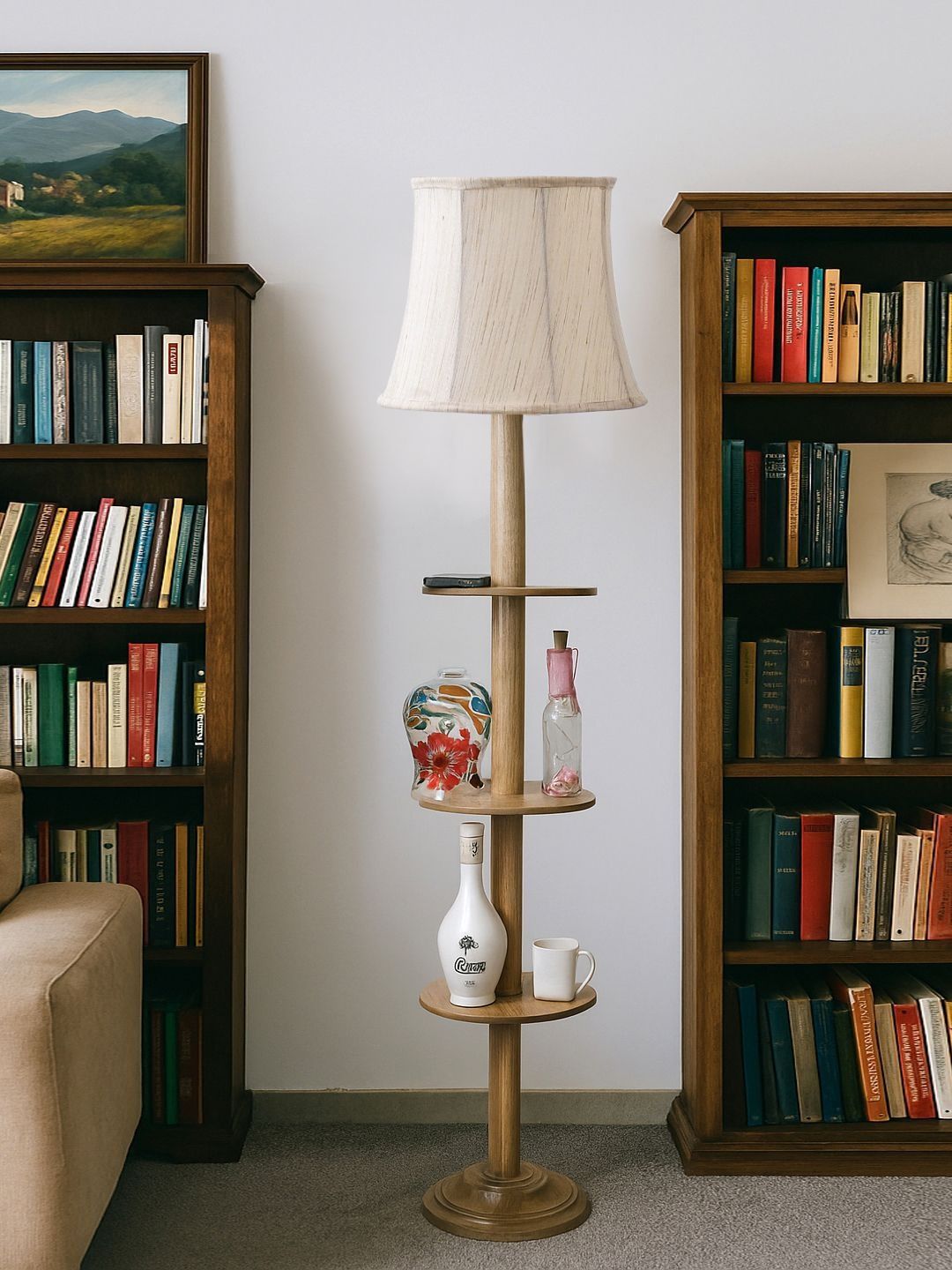 Aura Off White & Brown Wooden Abstract Shaped Floor Lamp-image-14