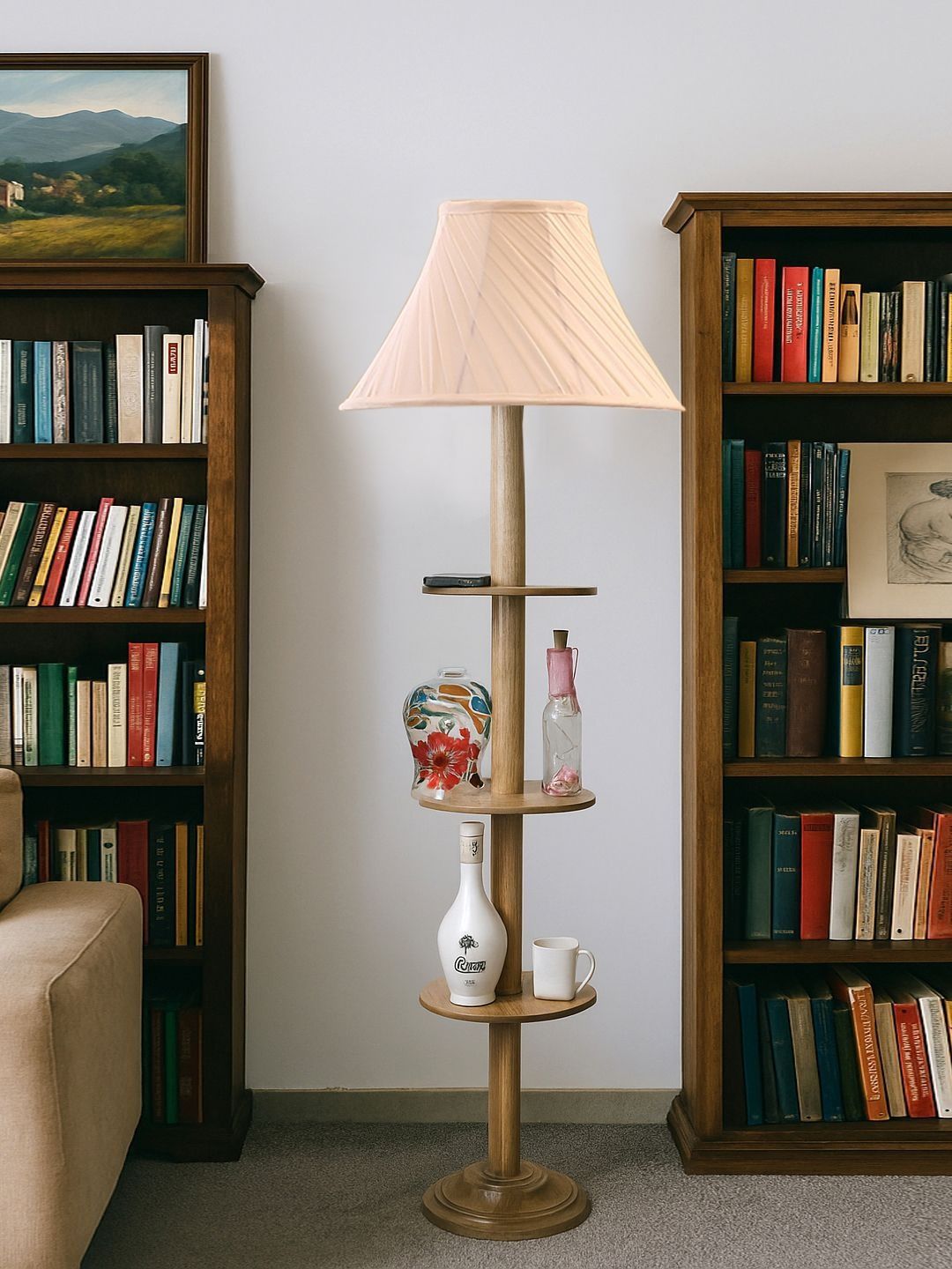 Aura Off White & Brown Wooden Frustum-Shaped Floor Lamp-picture-46