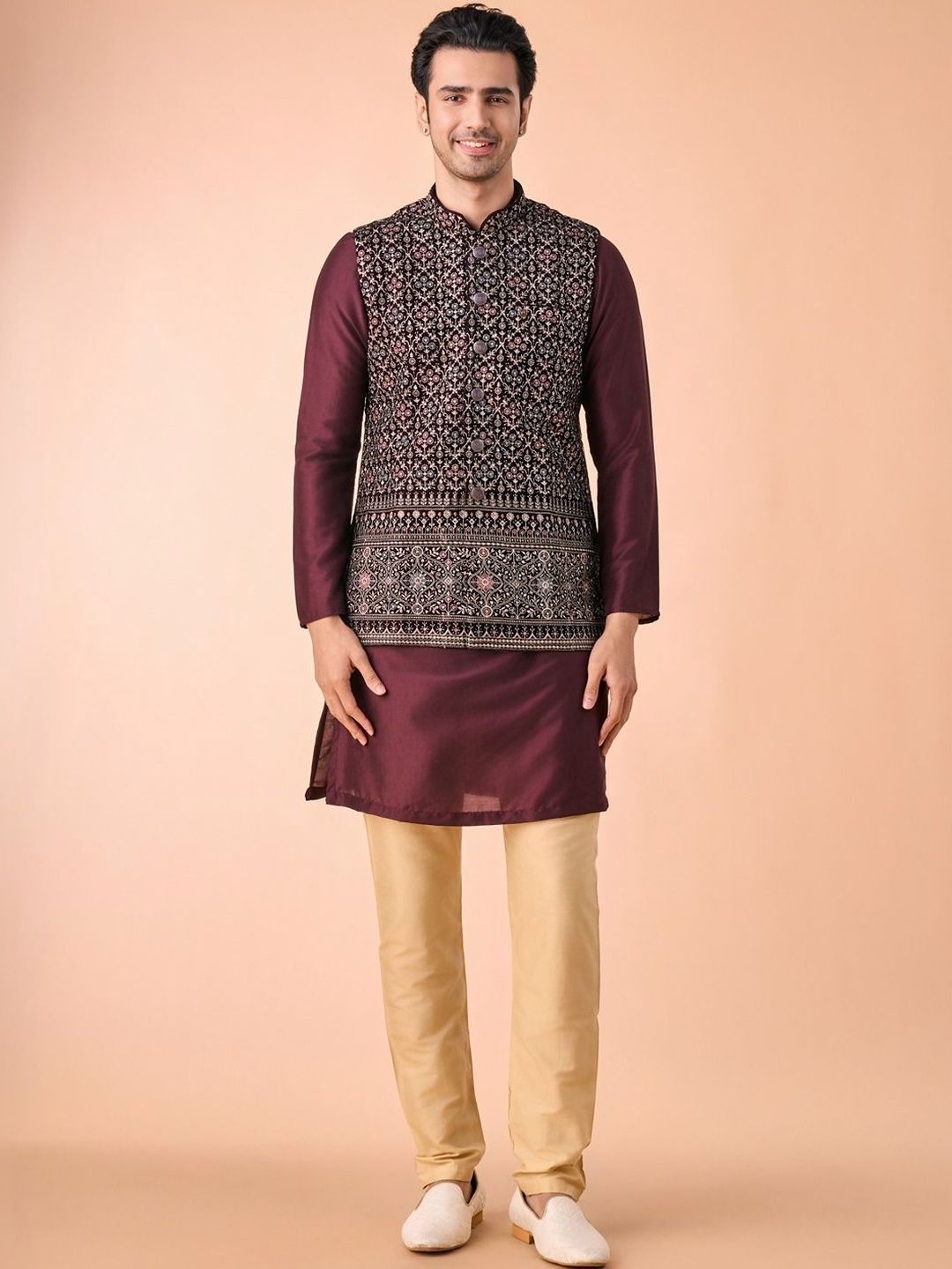 Manyavar Embroidered Velvet Mandarin Collar Nehru Jacket-picture-10
