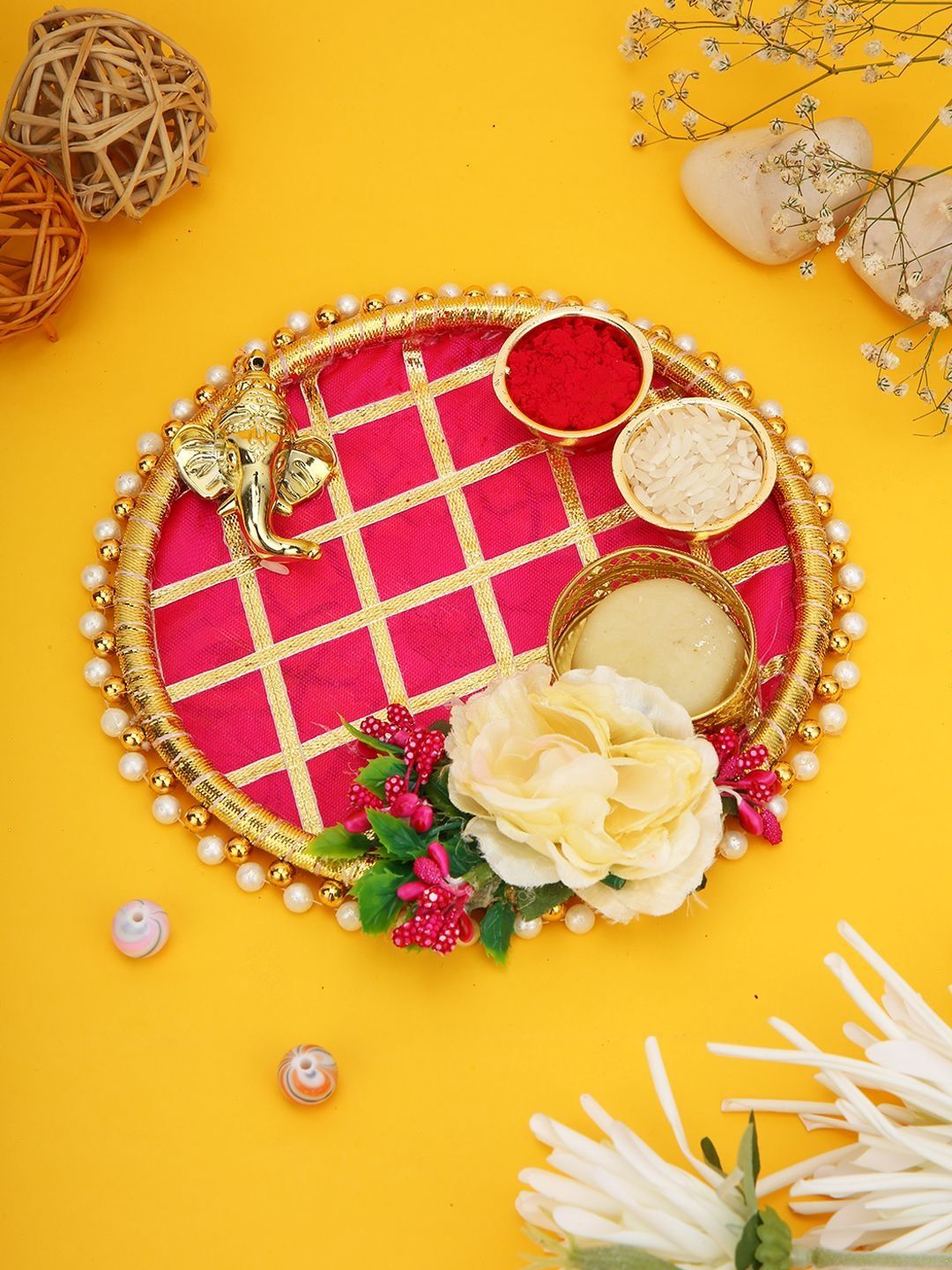 Aapno Rajasthan Aashi Gifts Pink Pooja Essential Round Designer Pooja Thali-image-3