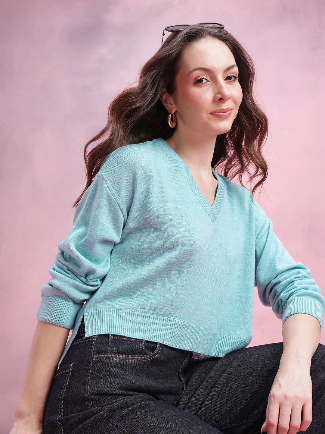DressBerry V-Neck Drop-Shoulder Sleeves Crop Pullover with Side Slits-image-47