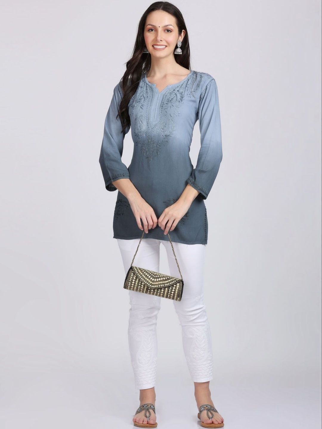FashionChikan Art Ethnic Motifs Embroidered V-Neck Chikankari Handloom Chikankari Kurti-picture-27