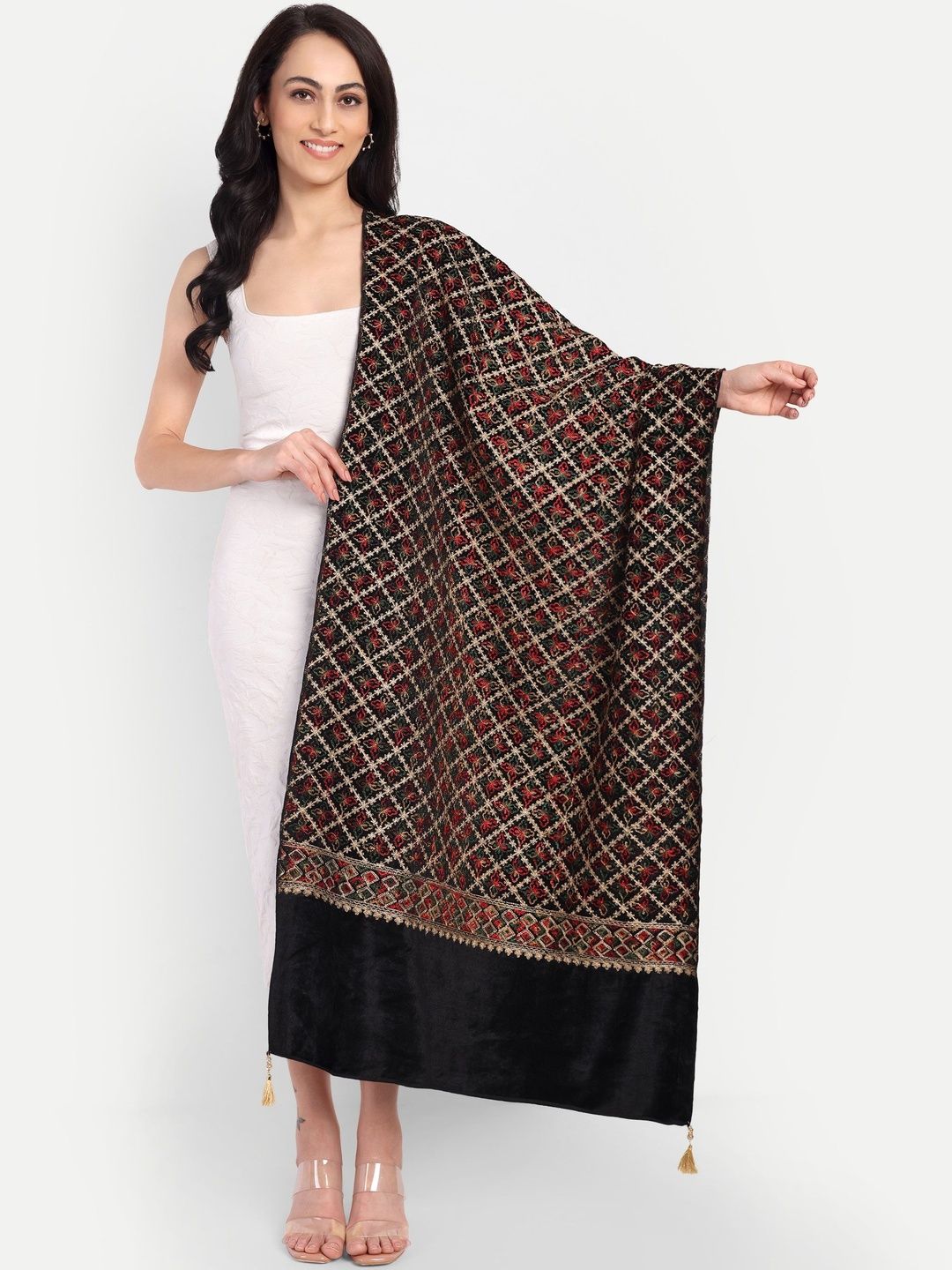 Knitkala Women Geometric Embroidered Velvet Shawl-picture-47