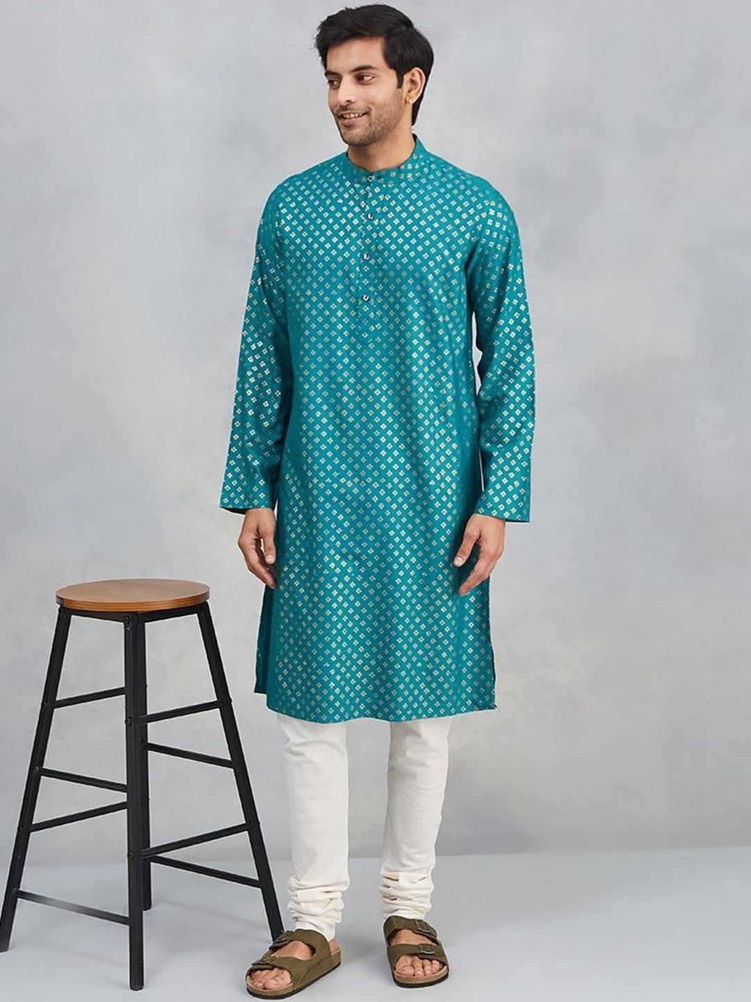 Fabindia Men Geometric Printed Flared Sleeves Thread Work Kurta-picture-39