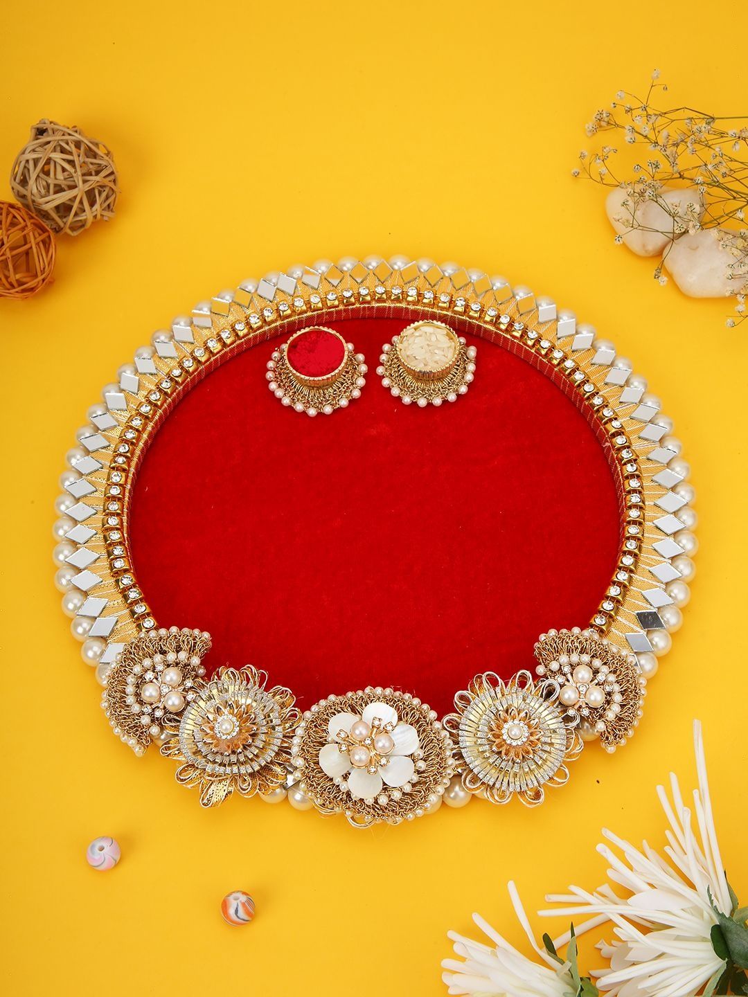 Aapno Rajasthan Aashi Gifts Red & White Pooja Essential Round Pooja Thali