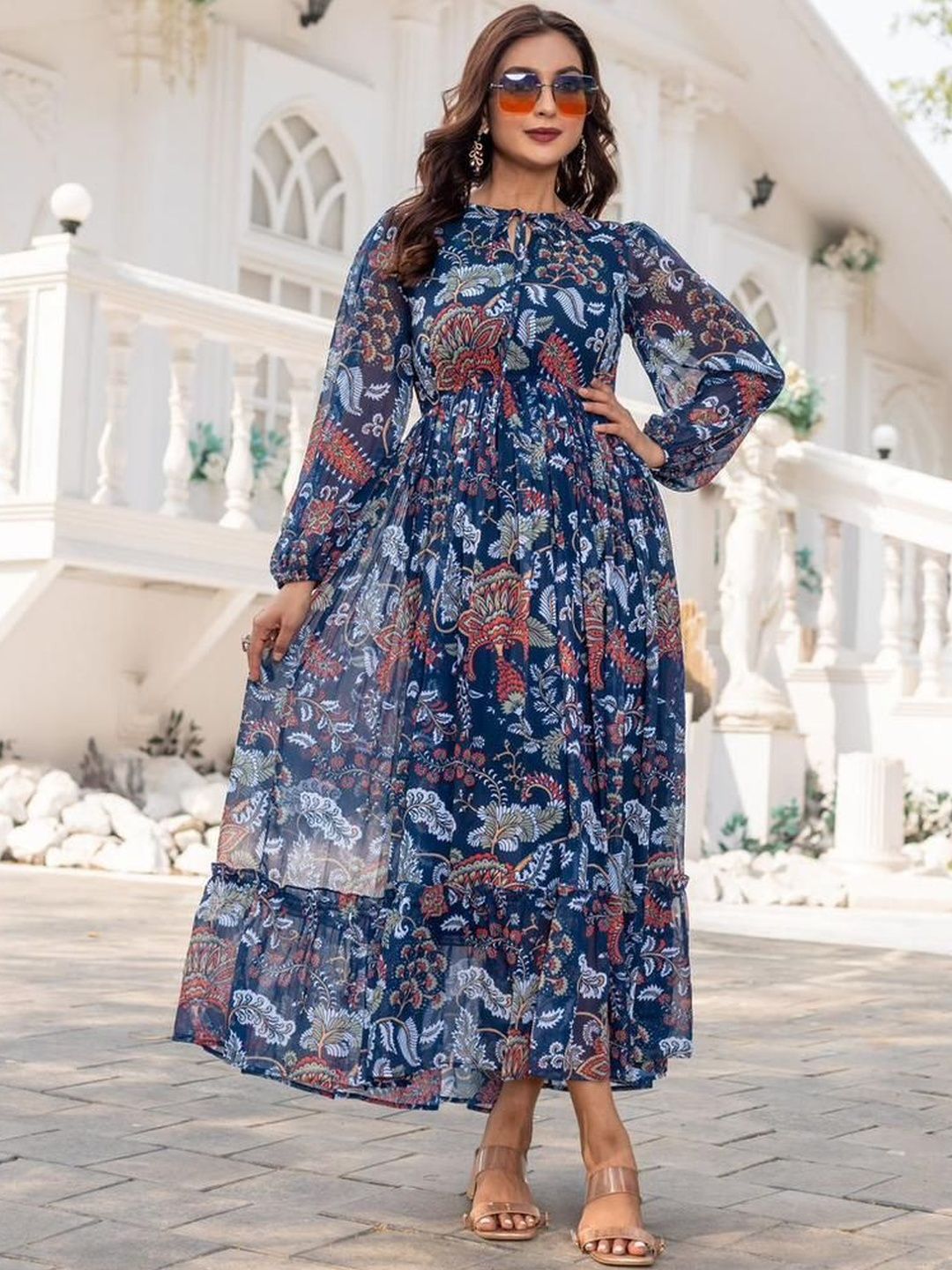 Moda Rapido Women Floral Printed Tie-Up Neck Crepe A-Line Midi Dress-picture-33