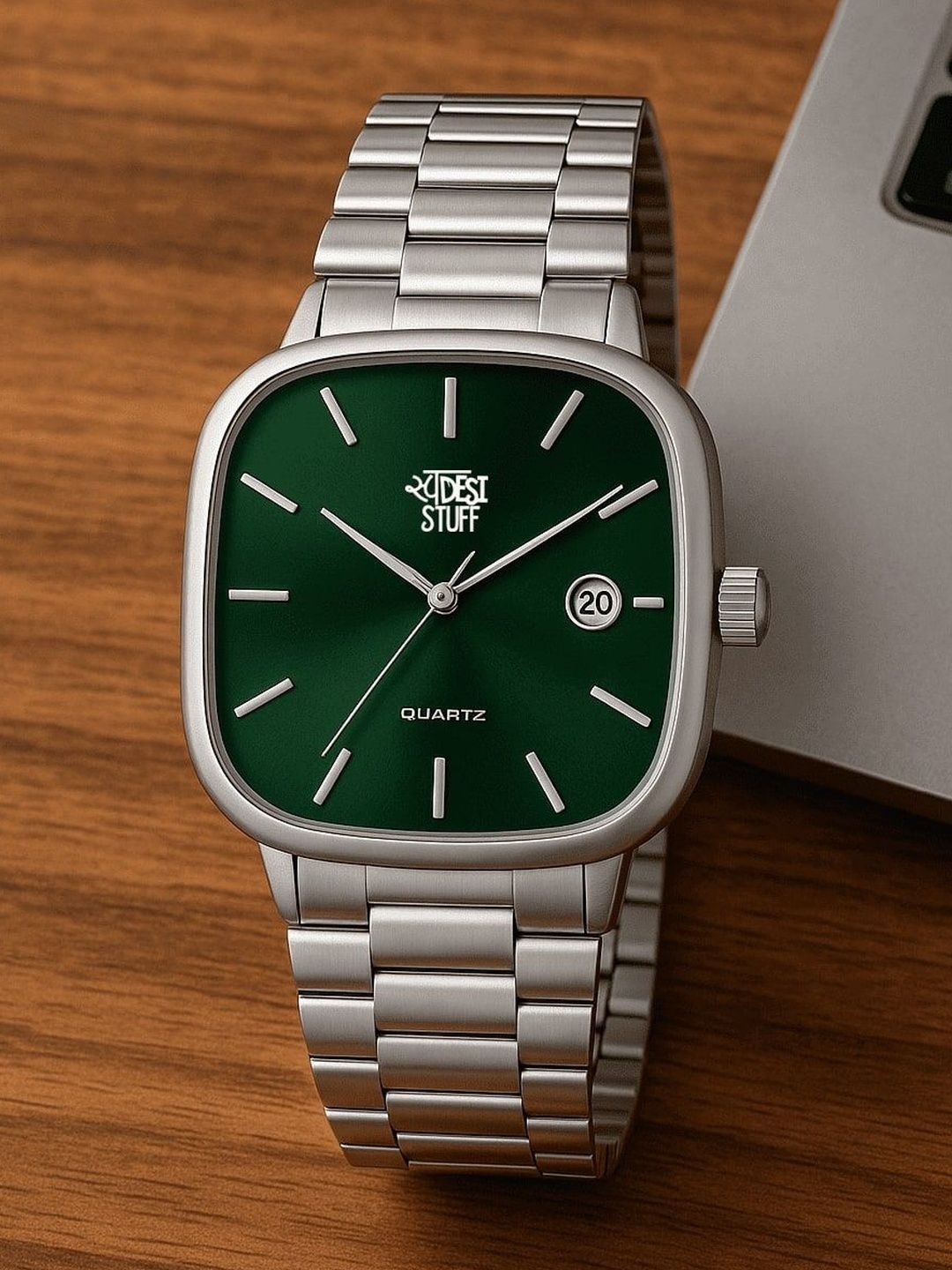 SWADESI STUFF Men Dial & Stainless Steel Straps Analogue Date Aperture Watch SDS 172 GREEN-picture-3