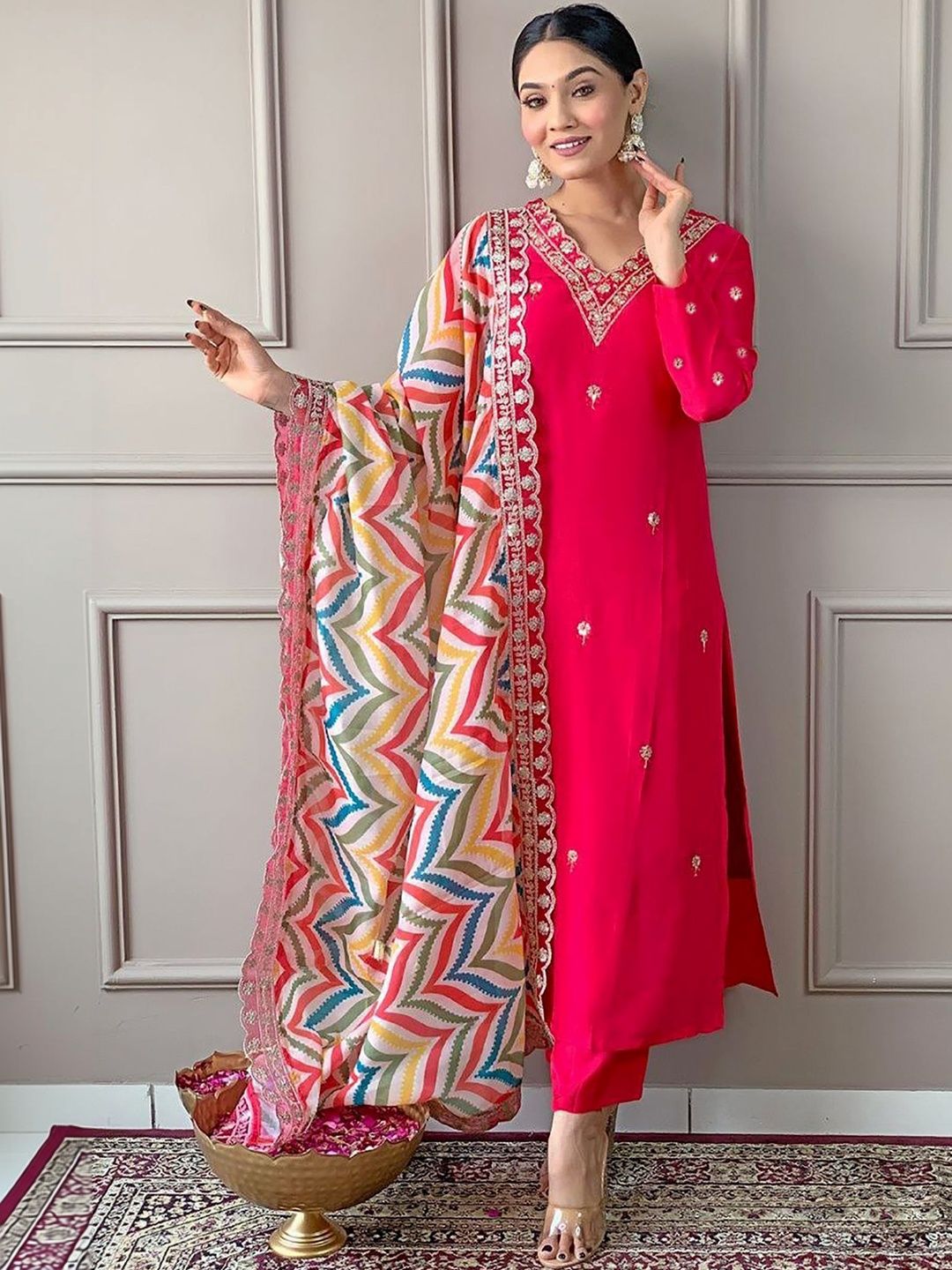 SHOPLANCE Women Ethnic Motifs Embroidered Regular Thread Work Kurta with Trousers & With Dupatta-picture-11