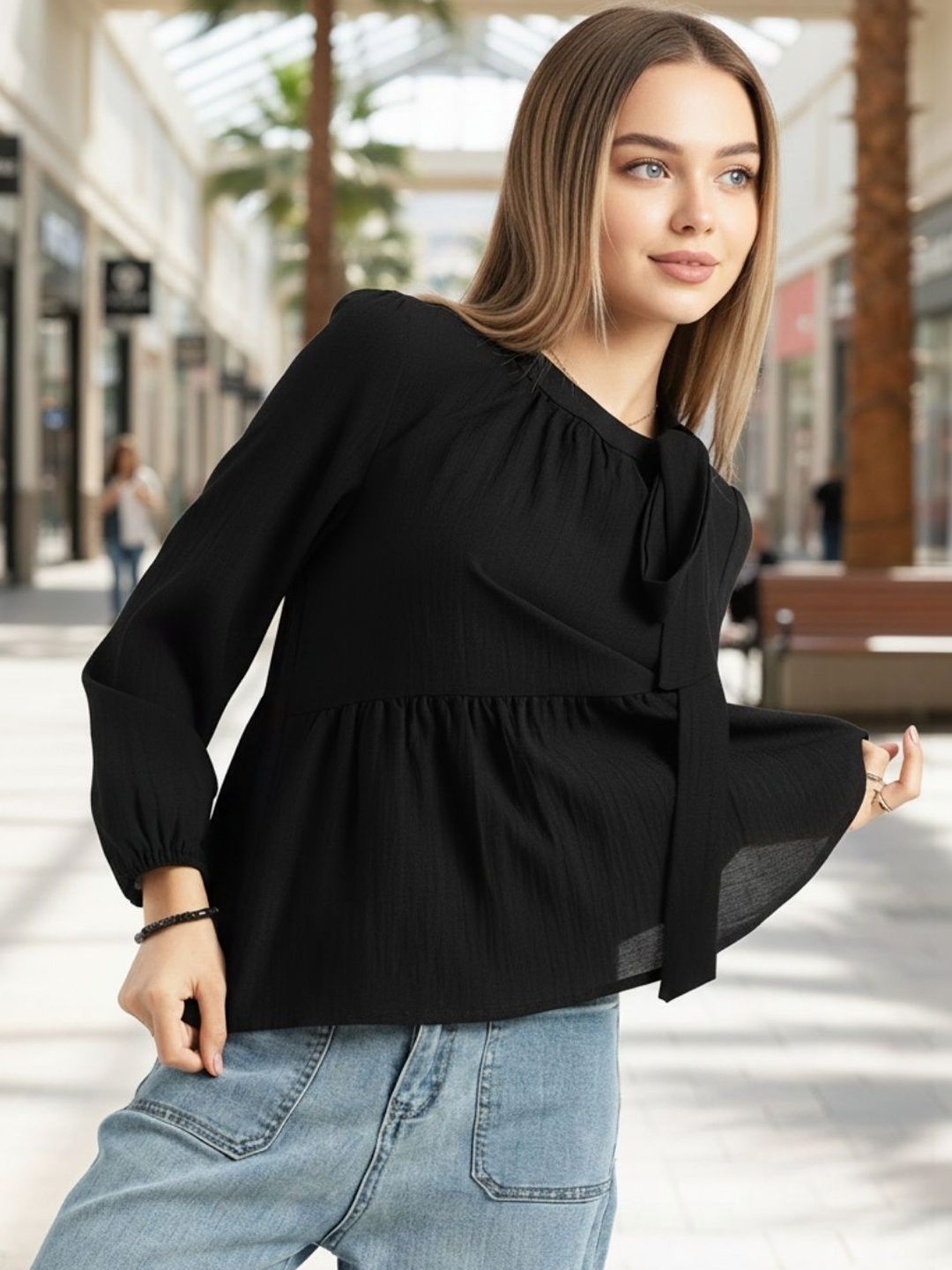 Sera Tie-Up Neck Cotton Peplum Top-picture-16