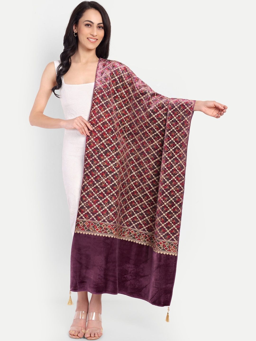 Knitkala Women Geometric Embroidered Velvet Shawl-picture-19