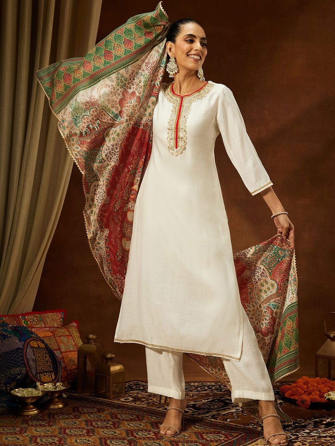 Janasya Women Ethnic Motifs Embroidered Regular Gotta Patti Kurta with Trousers & With Dupatta-image-26