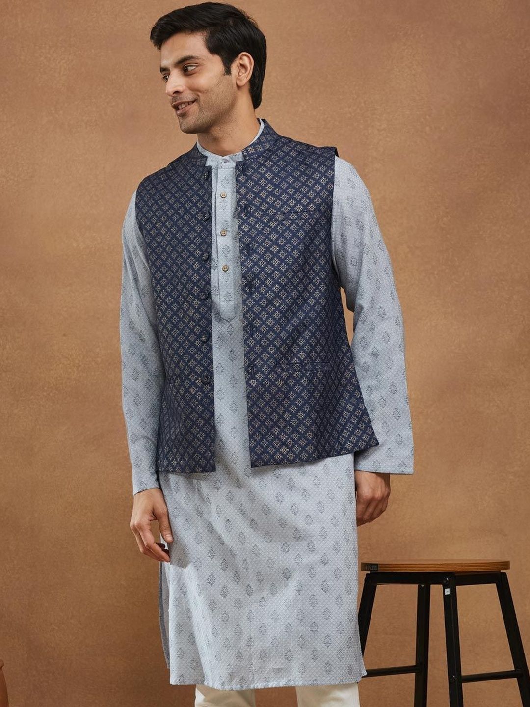 Fabindia Handblock Printed Silk Mandarin Collar Nehru Jacket-picture-13