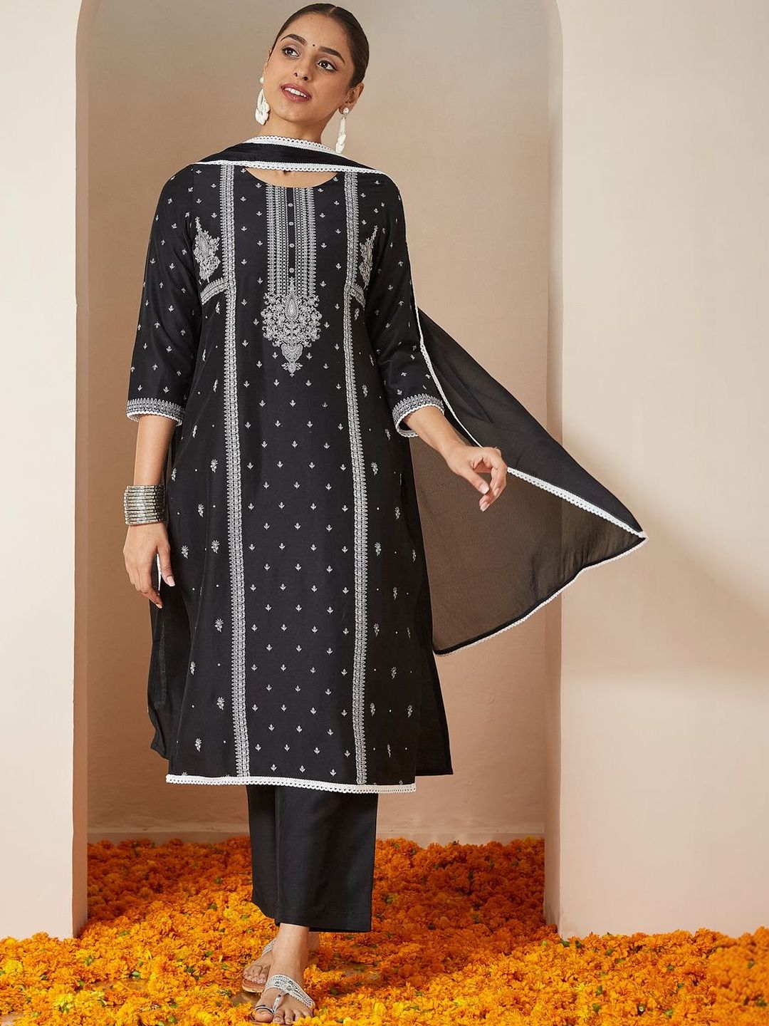 Janasya Women Ethnic Motifs Printed Regular Kurta with Trousers & With Dupatta-picture-37