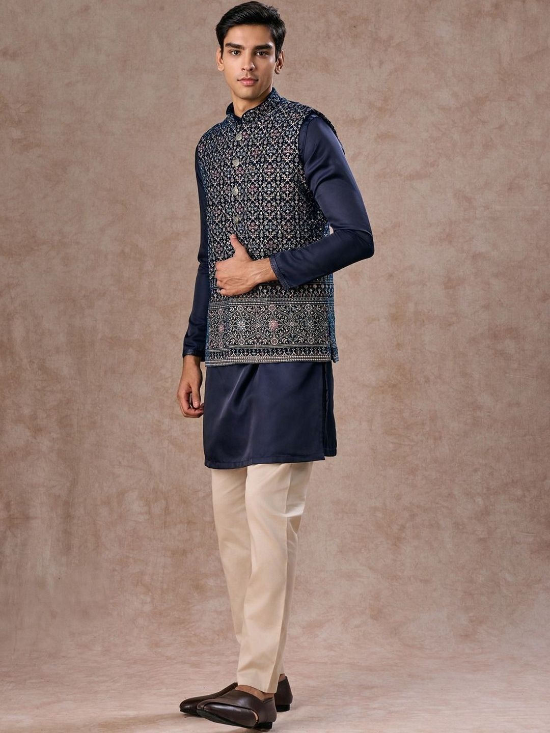 Manyavar Embroidered Velvet Nehru Jacket-picture-40