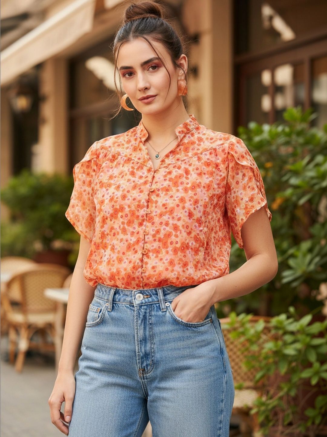 ZYNG Floral Print Slit Sleeve Chiffon Top-picture-41