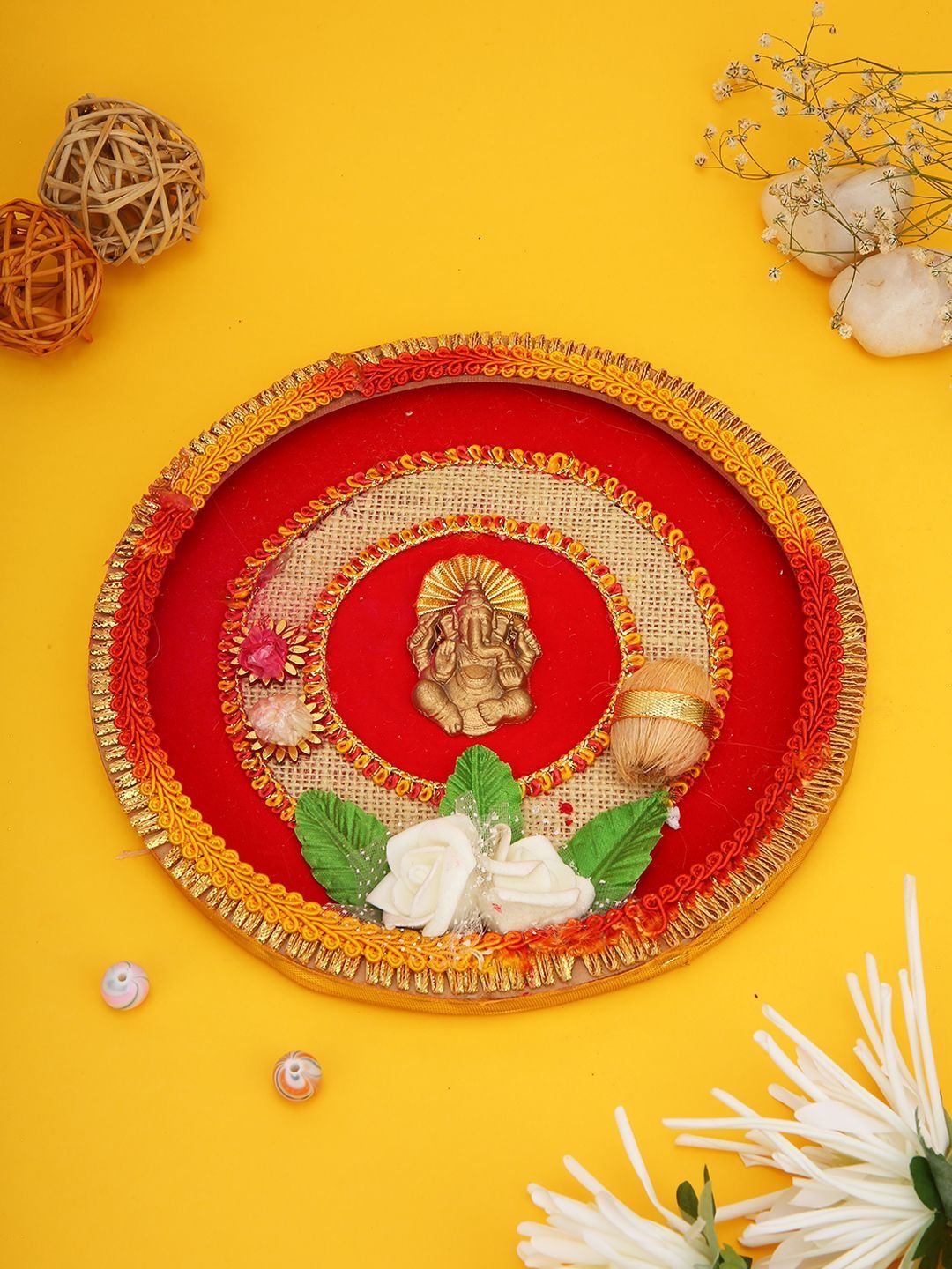 Aapno Rajasthan Aashi Gifts Red Pooja Essential Round Divine Ganesha Pooja Thali-picture-10